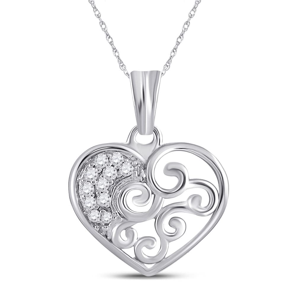 10K White Gold Women's Round Diamond Curl Heart Pendant Necklace - 1/12 CTTW - Perfect for Valentine's Day, Anniversary Gifts & Special Occasions