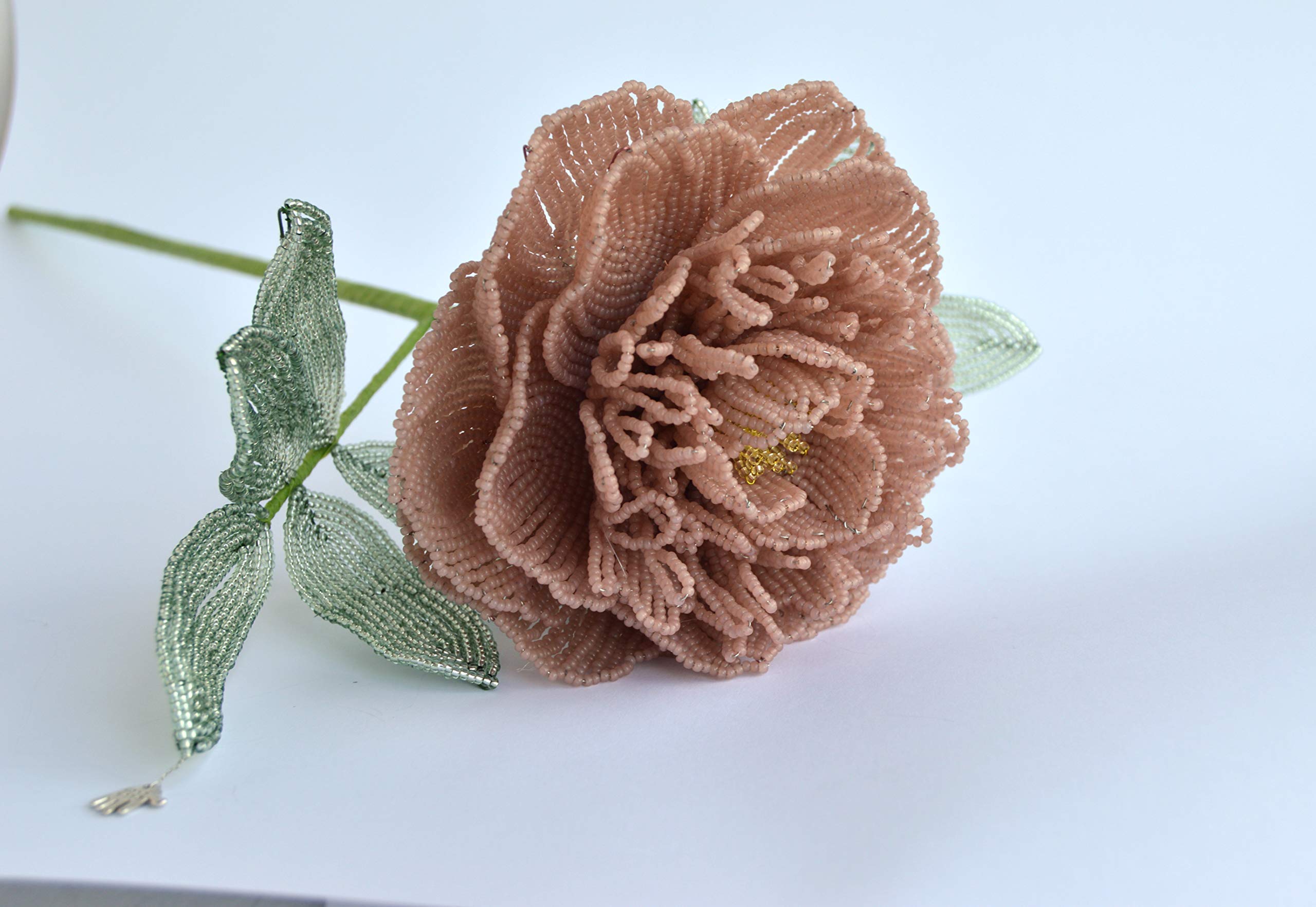 French Beaded Artificial Peony Flower Bouquet - Set of 4 Handmade Beaded Flowers in Vase for Home & Office Decor - Perfect for Wedding Centerpieces, Table Decorations & Gift Giving