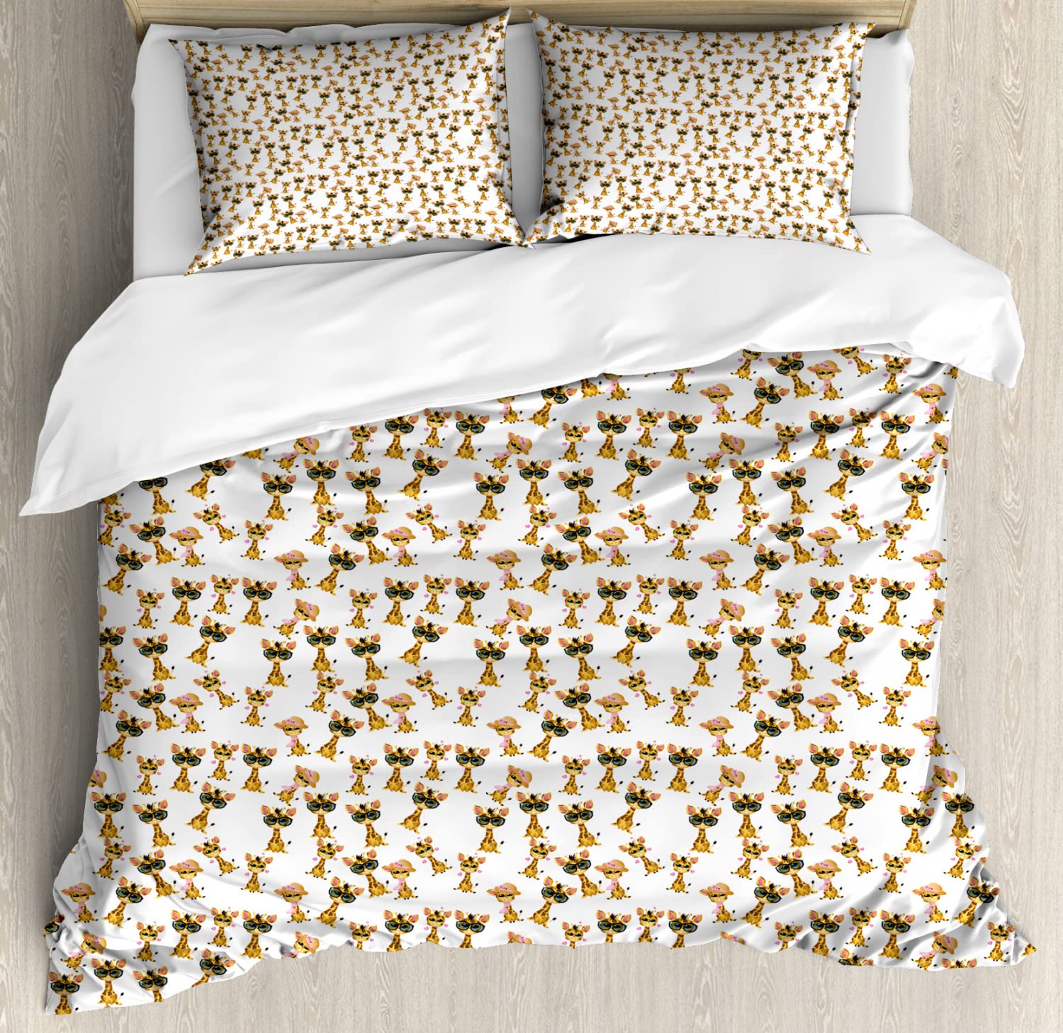 Ambesonne Giraffe Duvet Cover Set - 2 Pack California King Size, Savannah Animal Print Bedding with 4 Pillowcases, Funny Human-Dressed Giraffe Design in Pale Brown Yellow & Pink - Perfect for Kids' Rooms, Jungle Themed Bedrooms & Unique Gift Ideas