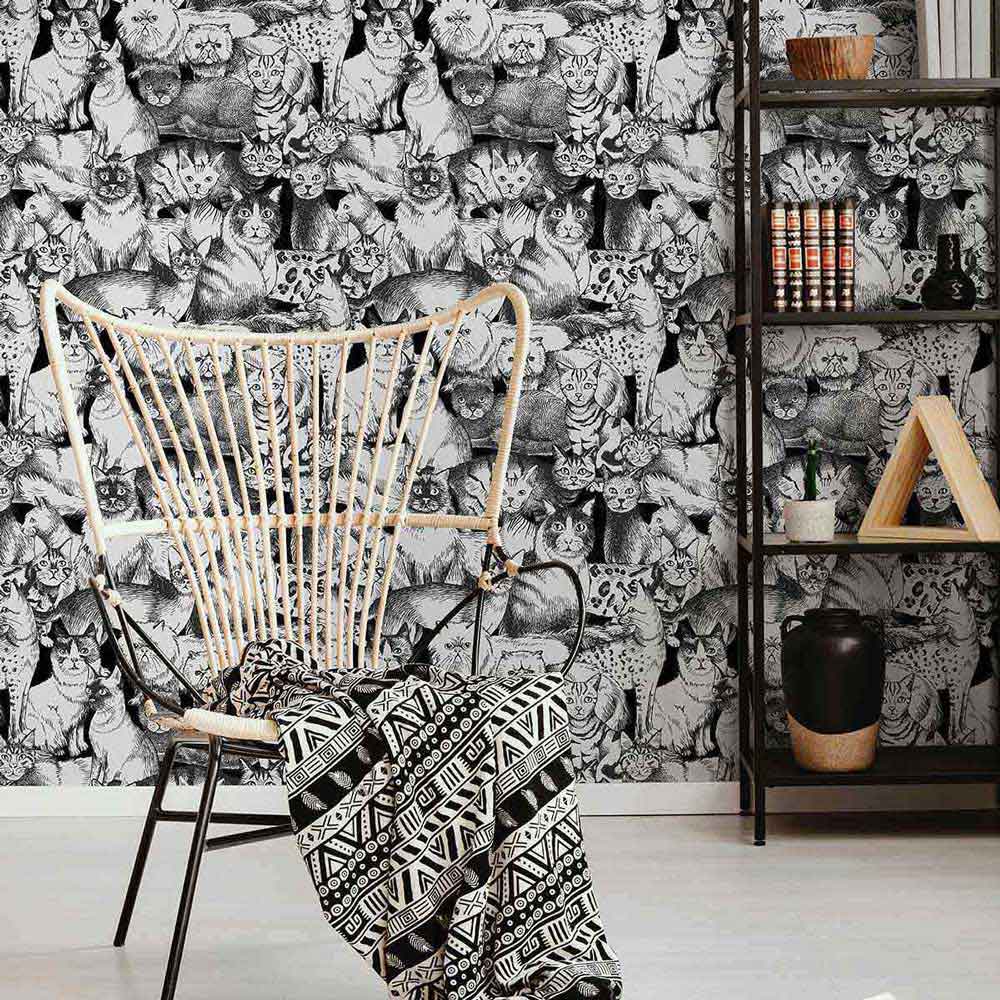 Grey Cat Peel and Stick Removable Wallpaper - Self-Adhesive Decorative Wall Covering for Bedroom, Nursery, or Office - Easy to Apply & Remove - Pattern #5596