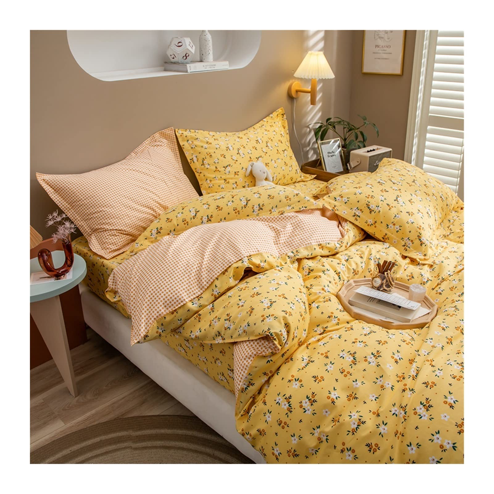 Reversible 100% Cotton Quilt Cover Set - Twin, Full, Queen, King Size - Ultra Soft Flower Duvet Cover with 4 Pieces - Yellow (200x230-180x200cm) - Perfect for Bedroom Decor, Guest Room & Cozy Home Styling