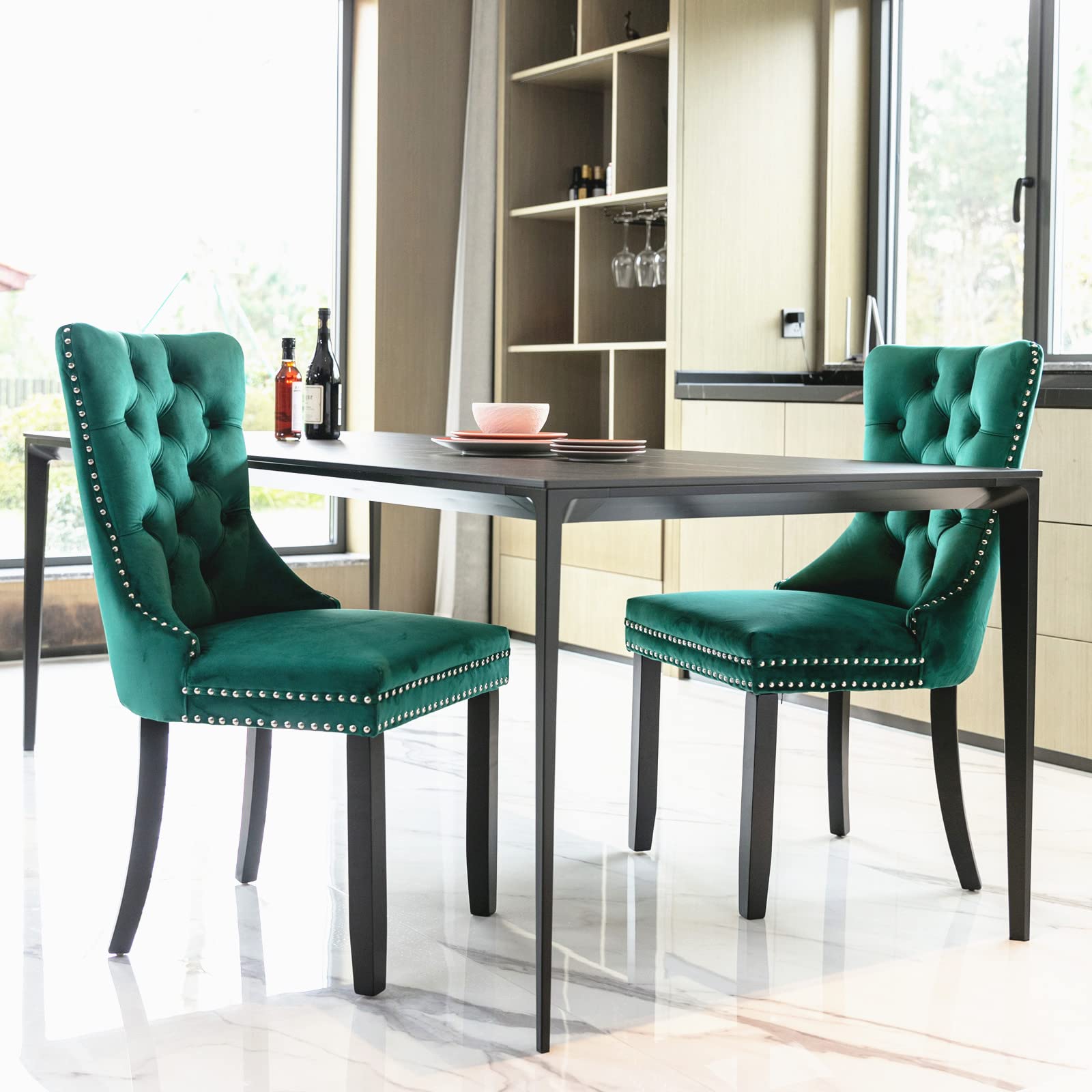 Luxury Velvet Upholstered Dining Chairs Set of 2 - Modern Tufted Bar Stools with Nailhead Trim & Wood Legs - Wingback Accent Chairs for Living Room, Kitchen & Dining Area - Emerald Green Parsons Chairs for Home Decor