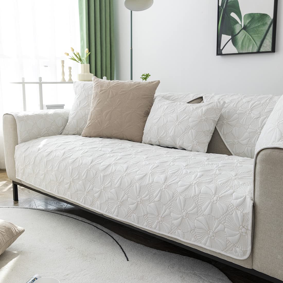 Vctops Non-Slip Cotton Quilted Sofa Cover for Sectional, L-Shaped & Recliner Couches - Pet-Friendly Embroidery Couch Slipcover with Armrest & Backrest Protection (White, 43