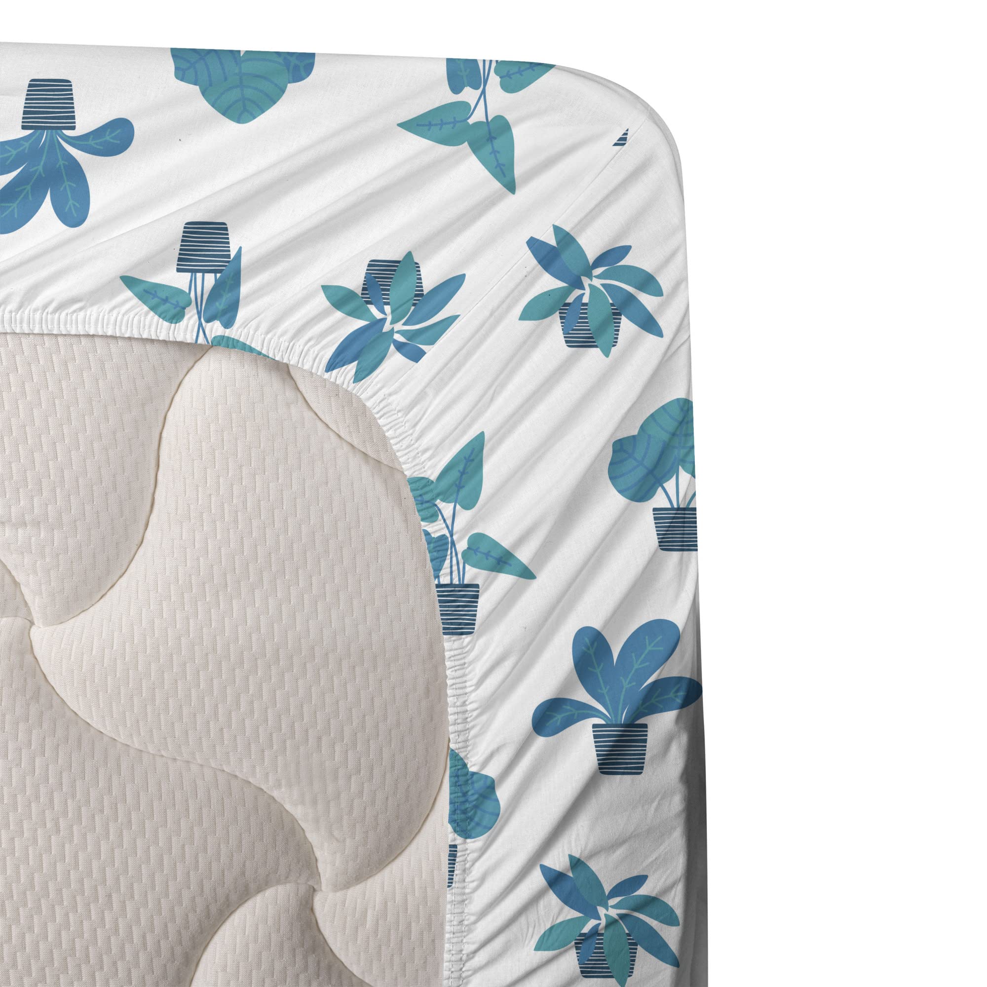 Ambesonne Floral King Size 4-Piece Sheet Set - Repeating Botanical Plants Design on Plain Background, Fitted & Flat Sheets with Pillowcases, Sea Blue & Dark Turquoise - Perfect for Master Bedroom, Guest Room & Vacation Home Decor