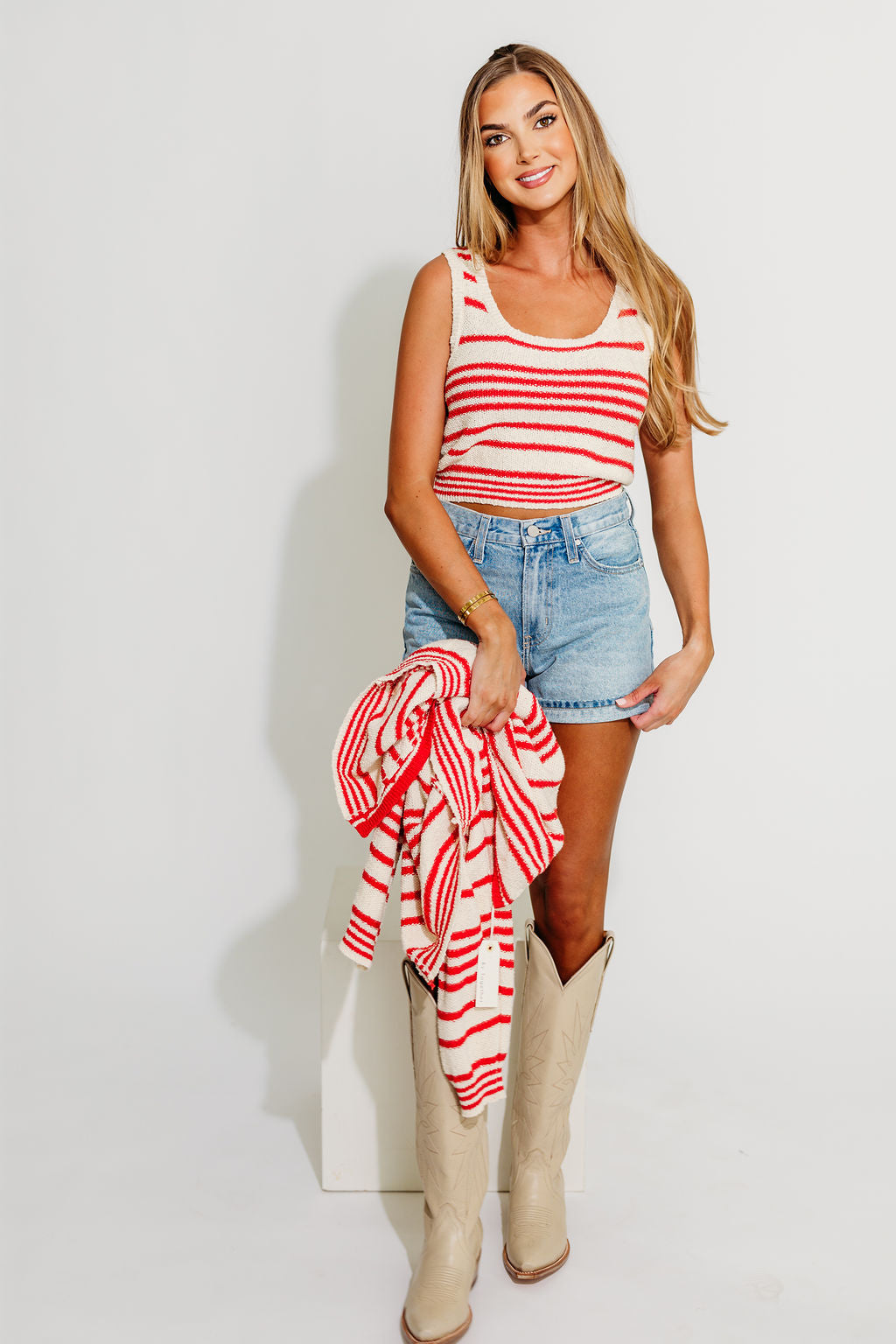 Alder Striped Cardigan and Stripe Tank Top Set - Natural/Red Color Combo | Cozy Fall Outfit for Women | Perfect for Casual Wear, Layering & Autumn Fashion