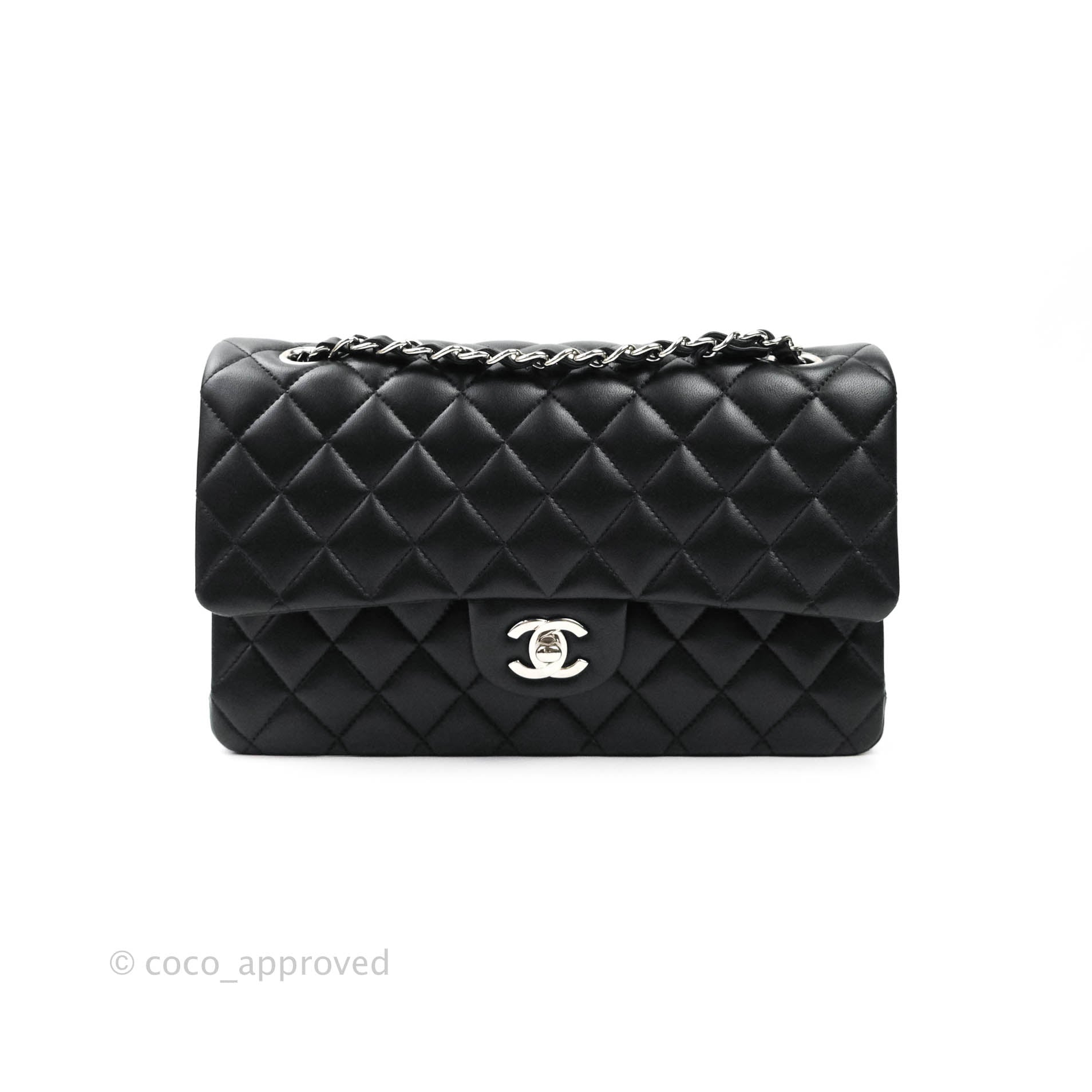 Chanel Classic M/L Medium Double Flap Bag Black Lambskin Silver Hardware - Luxury Designer Handbag for Women, Perfect for Work, Evening Events & Special Occasions
