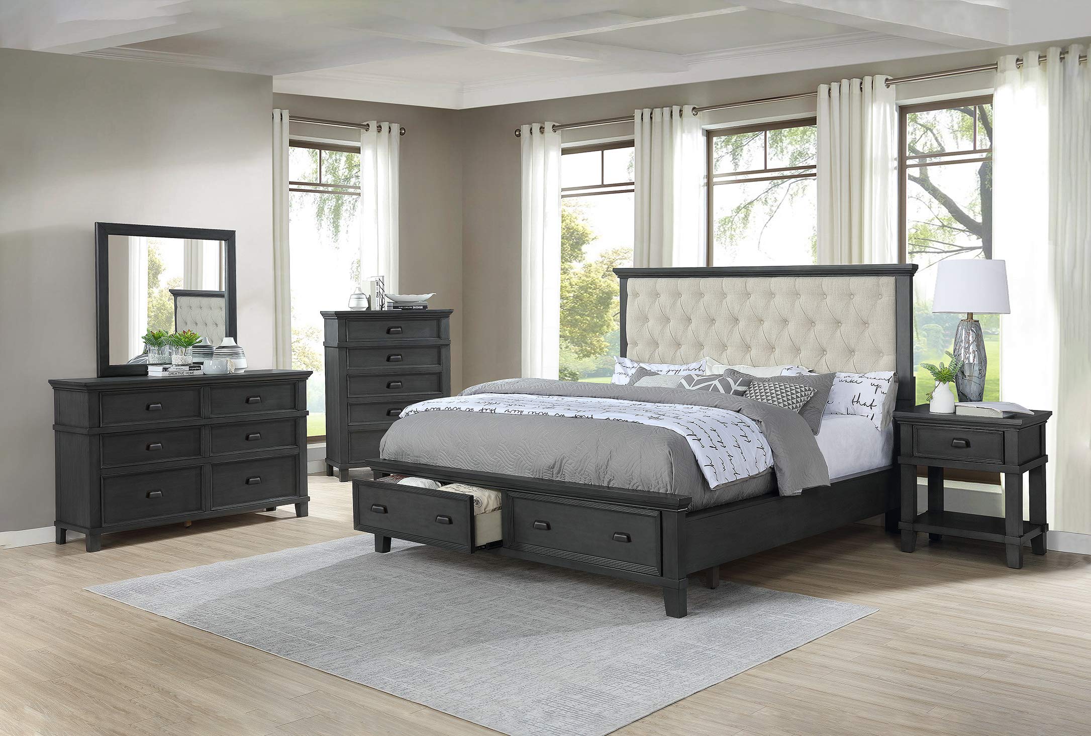 6-Piece Queen Bedroom Set with Bed, Dresser, Mirror, 2 Nightstands & Chest in Gray - Perfect for Master Bedroom, Guest Room or Apartment Furniture