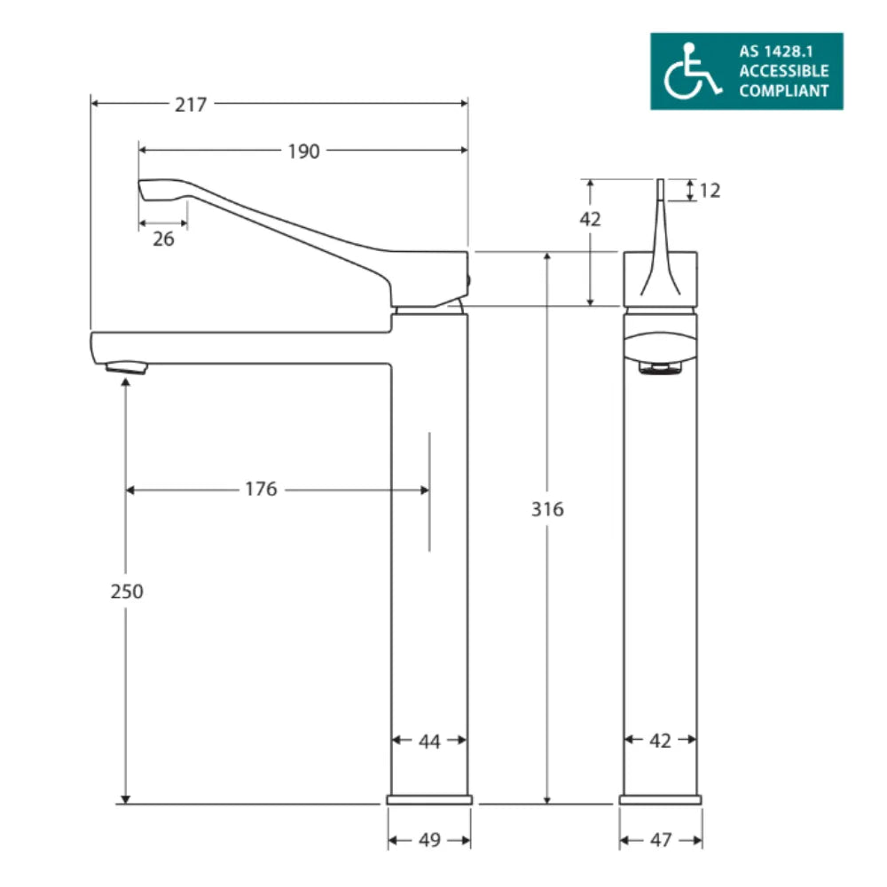 Fienza 218107 Koko Care Tall Basin Mixer Tap Chrome - 316mm High Bathroom Faucet for Modern Sink - Perfect for Home, Hotel & Commercial Use