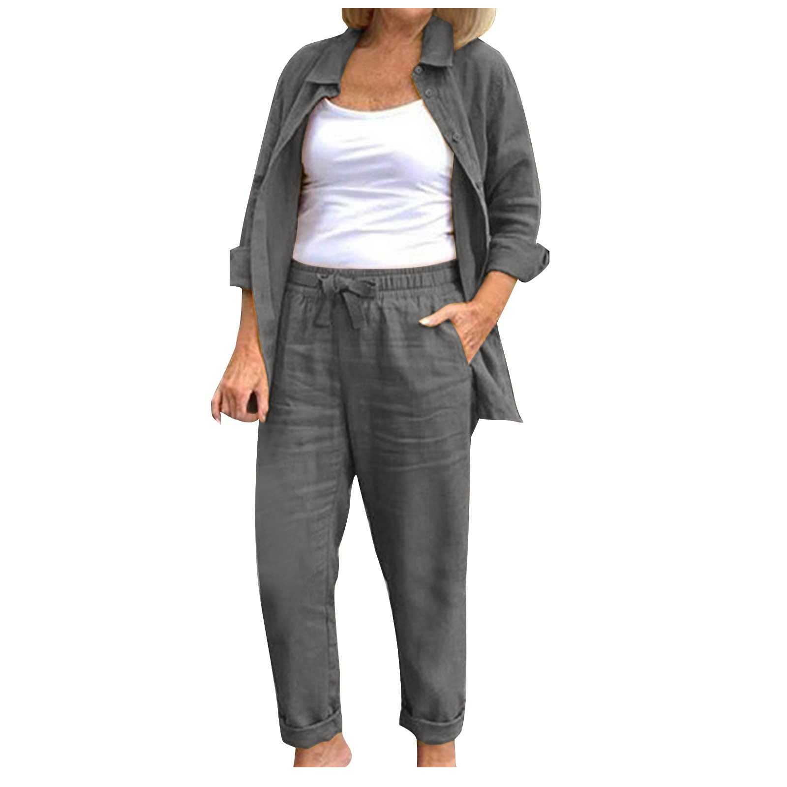 YMADREIG Women's 2-Piece Linen Outfit - Long Sleeve Button Down Shirt & Loose Linen Pants Set | Summer Casual Lounge Wear | Perfect for Beach Vacations, Yoga, and Relaxing at Home