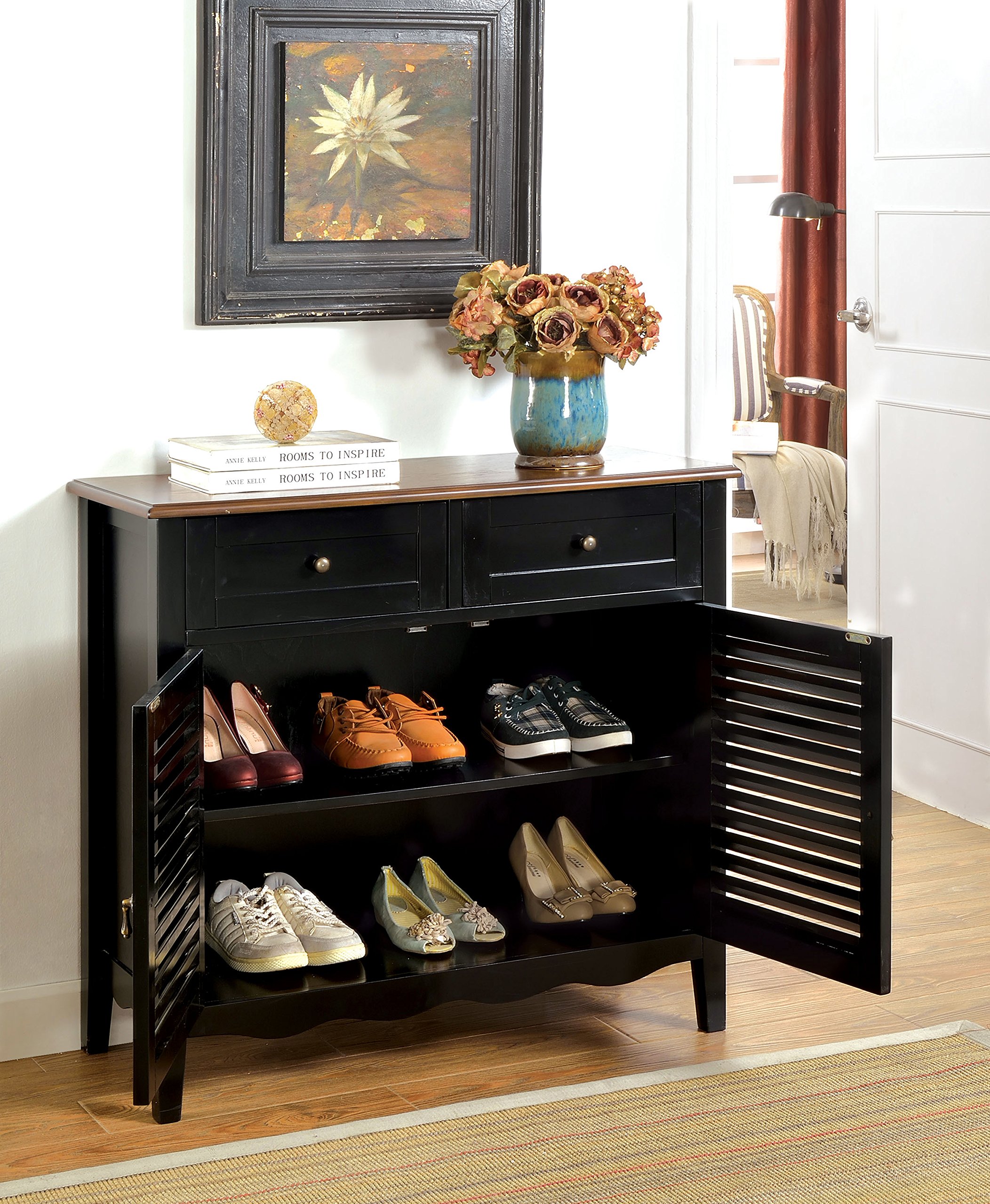 Furniture of America Mallia Country Louver Storage Cabinet - Black Wooden TV Stand, Bookshelf & Entryway Organizer for Living Room, Bedroom & Office