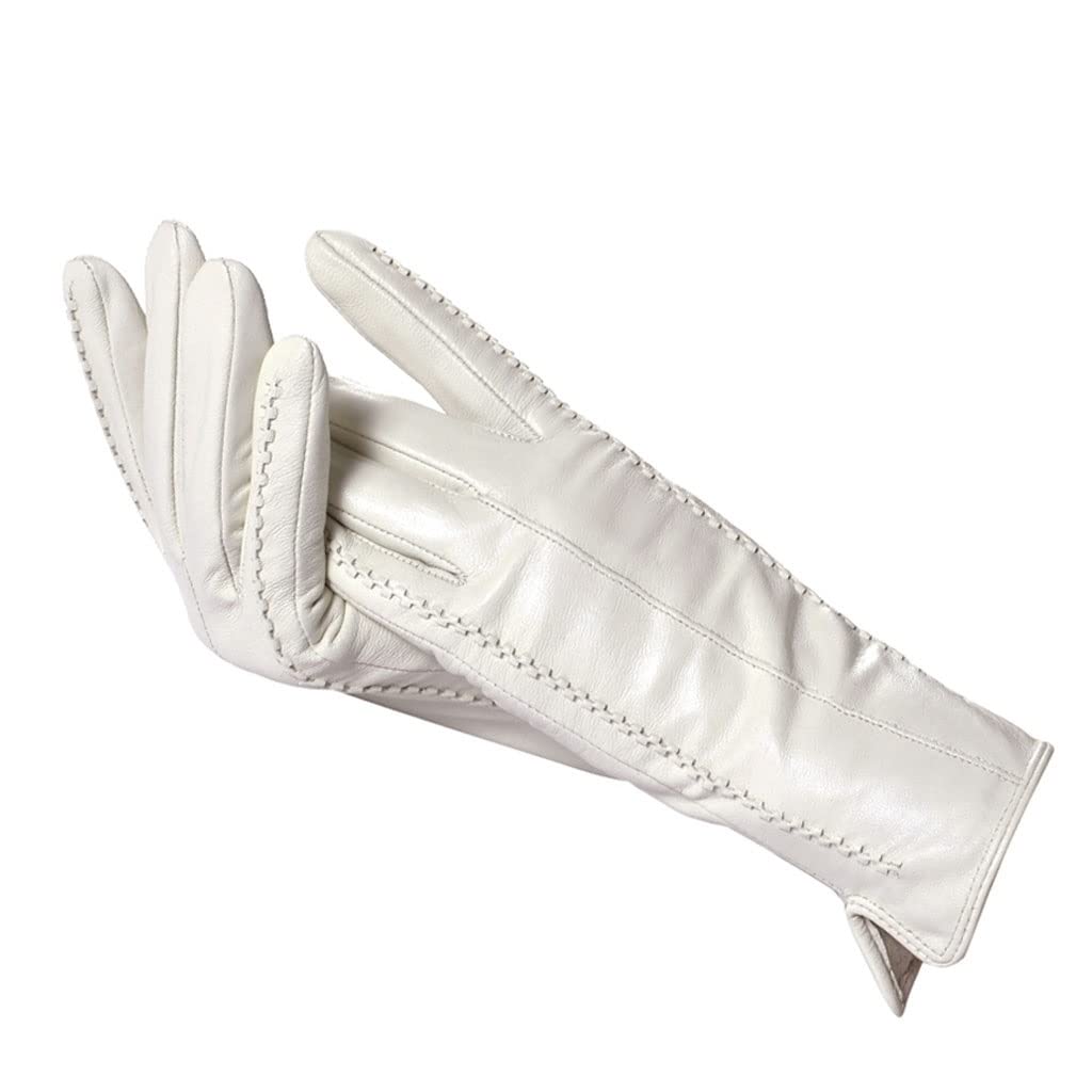 Premium White Genuine Leather Women's Winter Gloves - Soft Cotton Lining for Warmth & Comfort - Size 6.5 - Perfect for Cold Weather, Outdoor Activities & Fashion Accessories