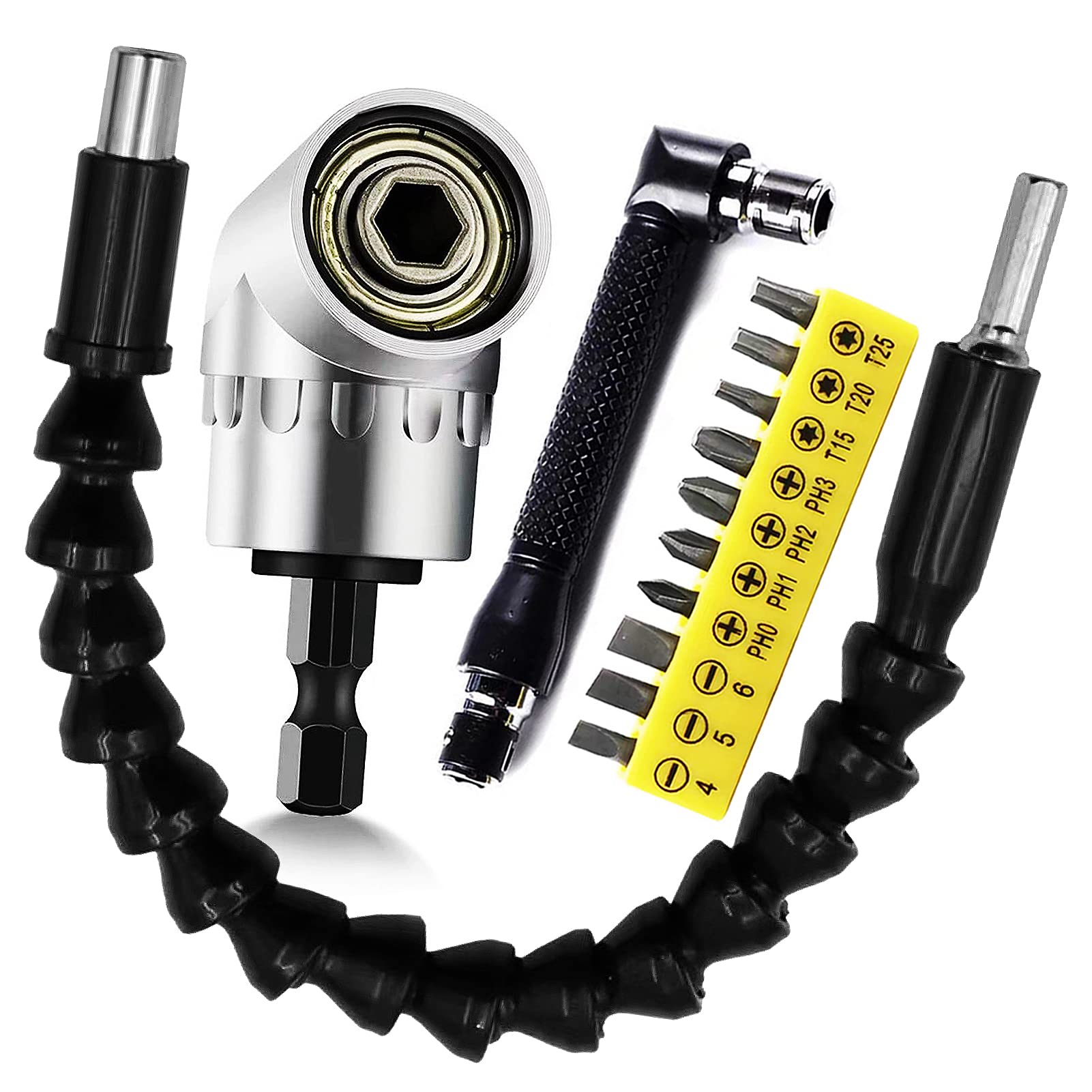 Flexible Drill Bit Extension Holder + Impact Right Angle Cordless Drill Adapter + 10-Piece Mini Screwdriver Bit Set with Dual Head Wrench | 1/4-Inch Drive High Torque Offset Screwdriver for Tight Spaces & DIY Projects | Perfect for Home Repairs, Furniture Assembly & Automotive Work