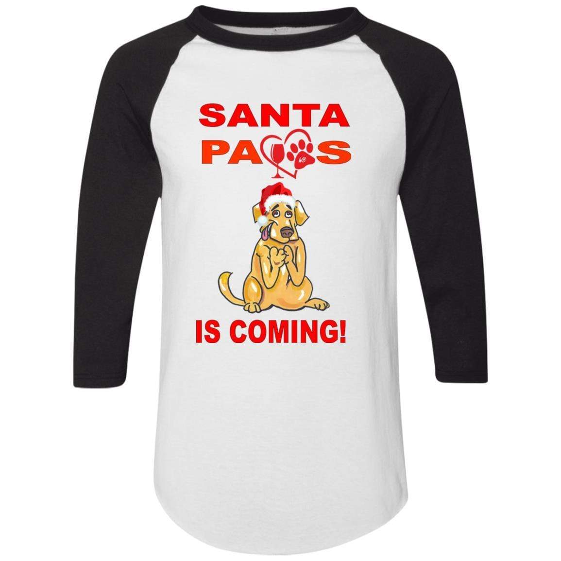 Santa Paws Is Coming Augusta Colorblock Raglan Jersey - Funny Christmas Dog Sweater for Small Medium Large Breeds - Perfect for Holiday Photos & Family Gatherings