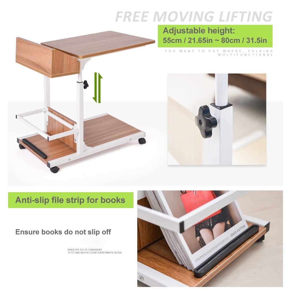 Adjustable Height Rolling Side Table with Wheels & Storage Shelves - Mobile Couch Snack Table, Wooden End Table for Living Room, Bedroom - Perfect for Laptop Use, Snacks & Drinks While Relaxing on Sofa or Bed