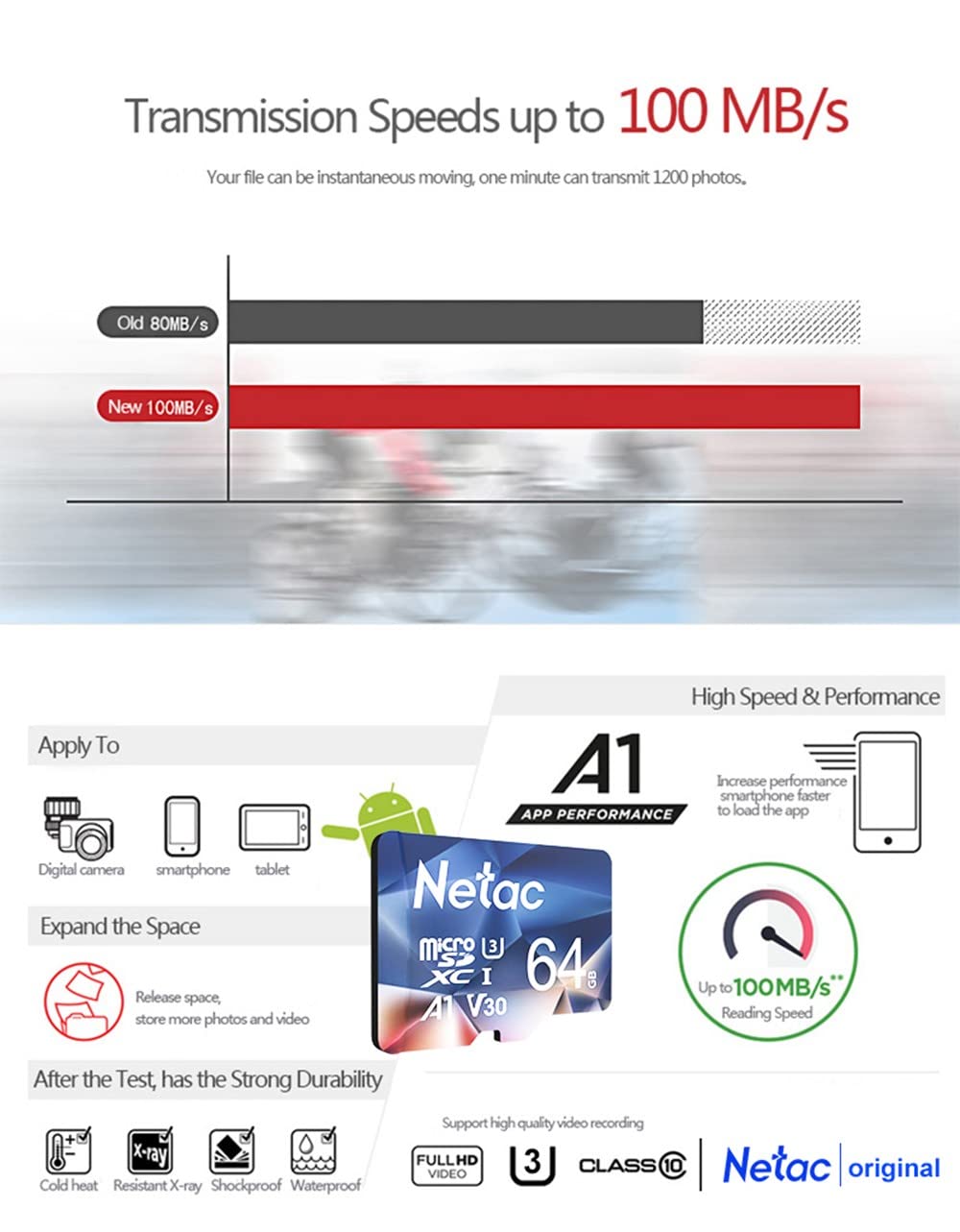 Netac 64GB 2 Pack Micro SD Card - 100MB/s High Speed, UHS-I C10/U3/V30/A1, SDXC Memory Card for Action Cameras, Drones, Smartphones & Tablets - Perfect for 4K Video Recording, Gaming & Mobile Storage