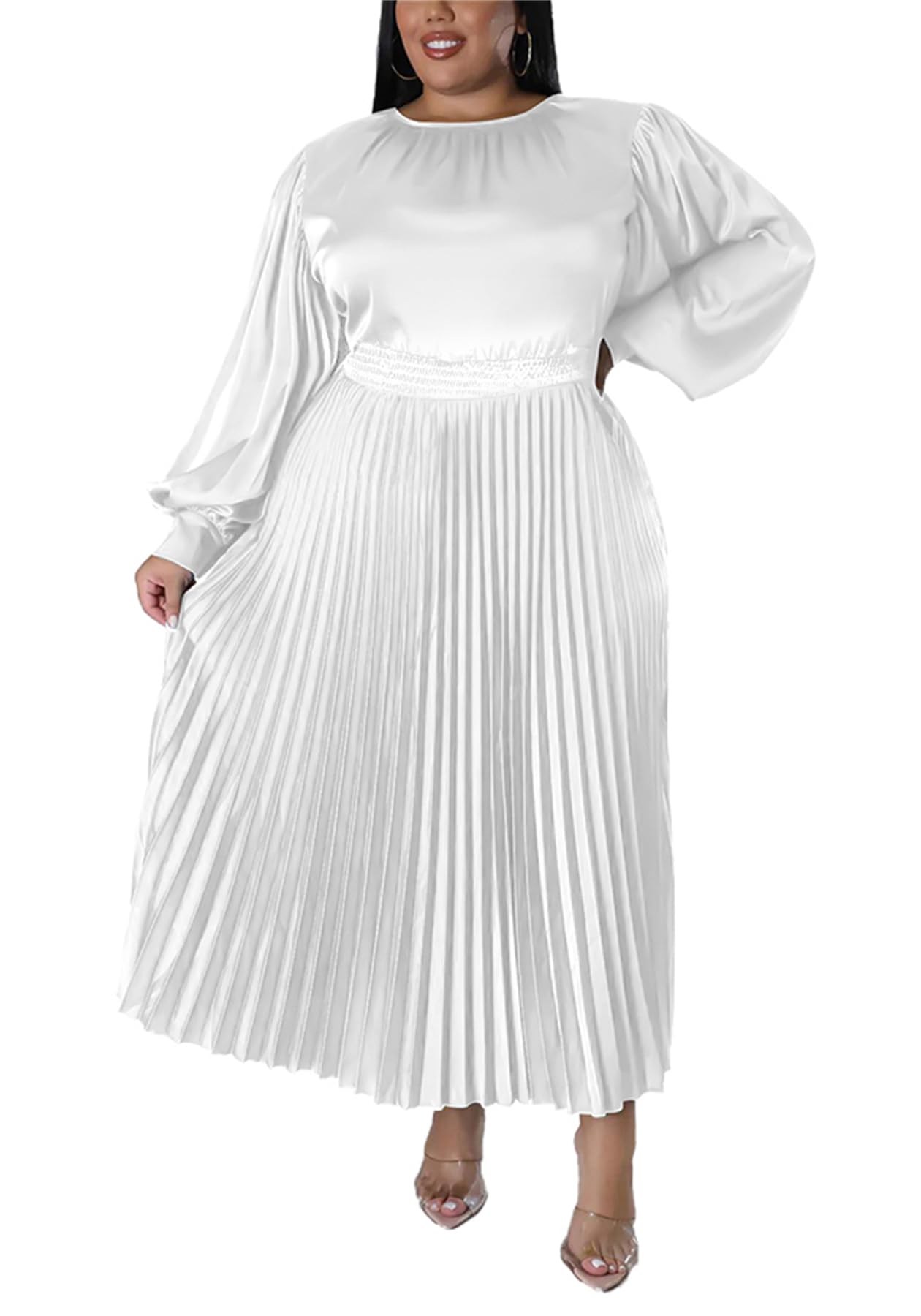 Plus Size Maxi Dresses for Women 2023 - Long Sleeve Flowy Swing Pleated Lantern Dress for Fall | Elegant Church, Wedding Guest & Casual Outfit