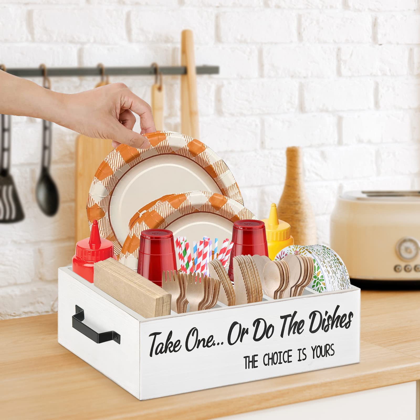 Wooden Kitchen Caddy - 7-Compartment Utensil Holder for Plates, Cups, Forks, Knives, Spoons & Napkins | Space-Saving Organizer for Party, Camping, BBQ & Home Kitchen Storage