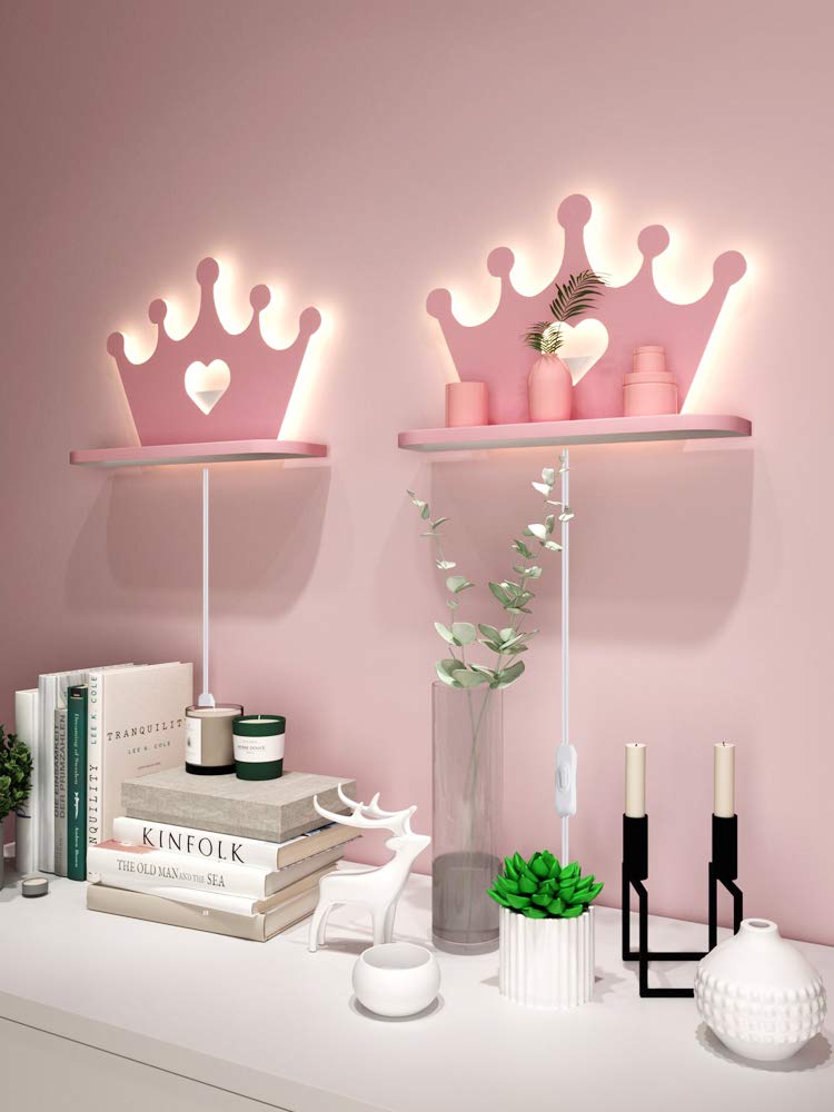 ANYE 12W Warm White LED Wall Sconce with Acrylic Shade - 5.9ft UL Plug-in Cord, Pink Imperial Crown Design for Kids Room, Nursery, Bedroom & Home Decor Lighting (Model BD1334)