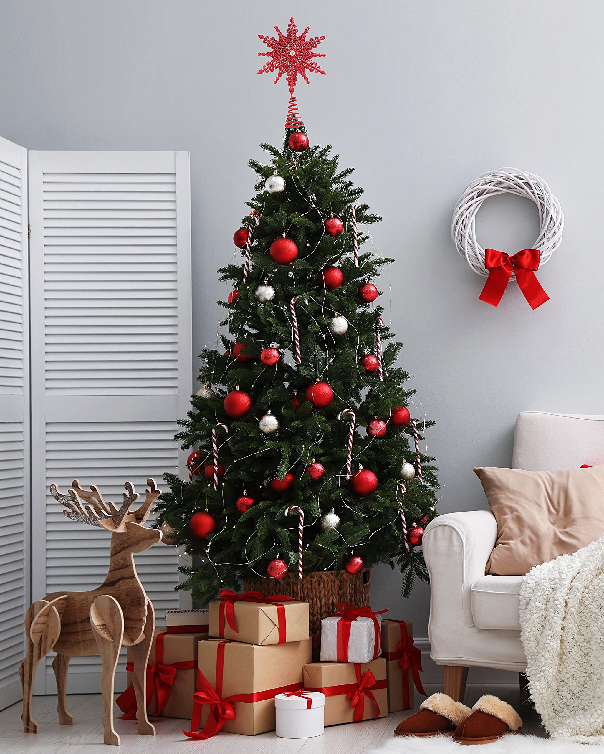 8 Inch Red Glittered Filigree Christmas Star Tree Topper - Elegant Holiday Decor for Christmas Trees, Home & Party Decoration | Perfect for Xmas, Winter Celebrations & Festive Home Décor