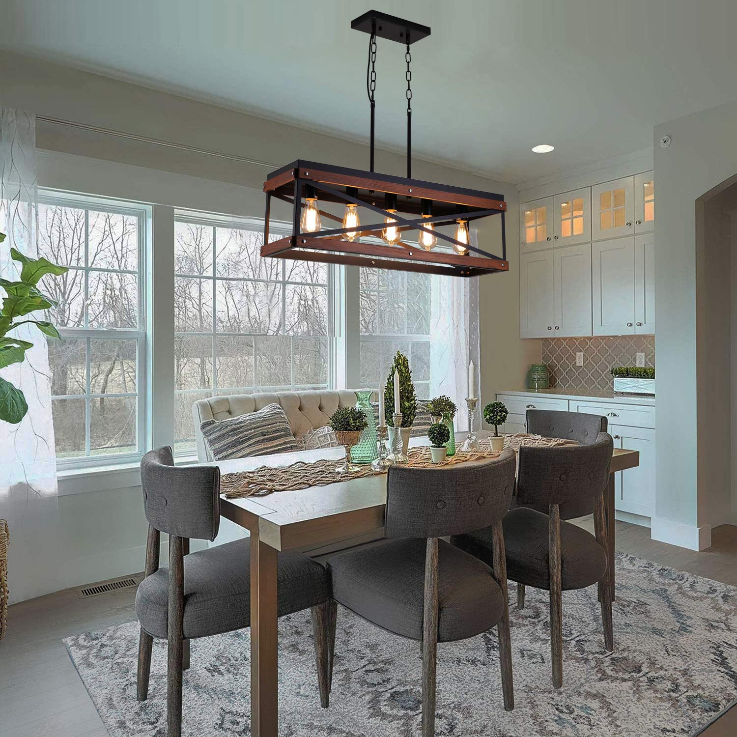 Rustic Farmhouse Kitchen Island Lighting - Wood & Metal Linear Chandelier with 5 Lights - Industrial Pendant Light Fixture for Kitchen, Dining Room, Living Room - Black - Perfect for Farmhouse Decor & Open Concept Spaces