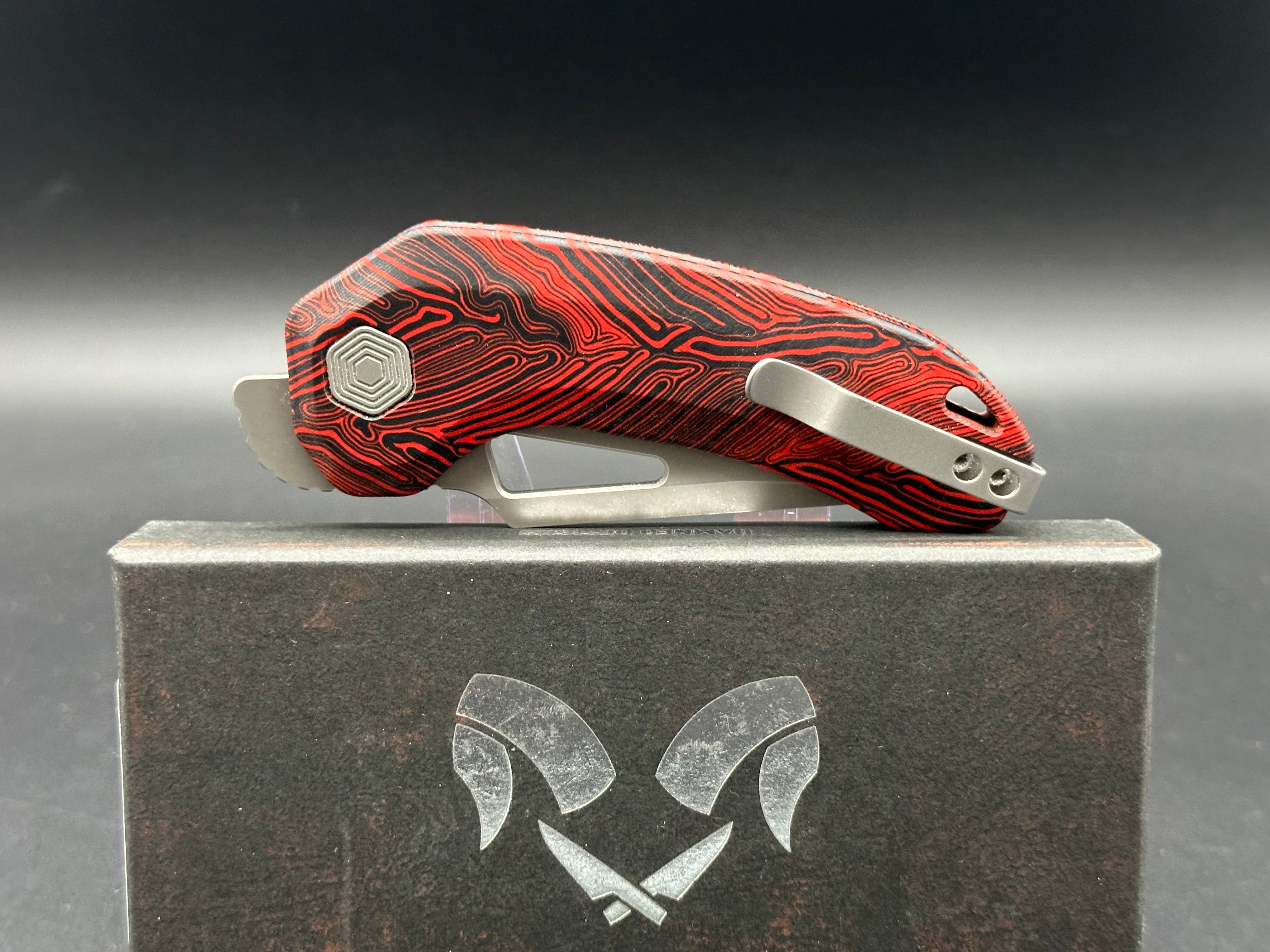 Damned Designs Djinn XL Liner Lock Folding Knife - Red/Black Damascus Steel Blade, 3.5