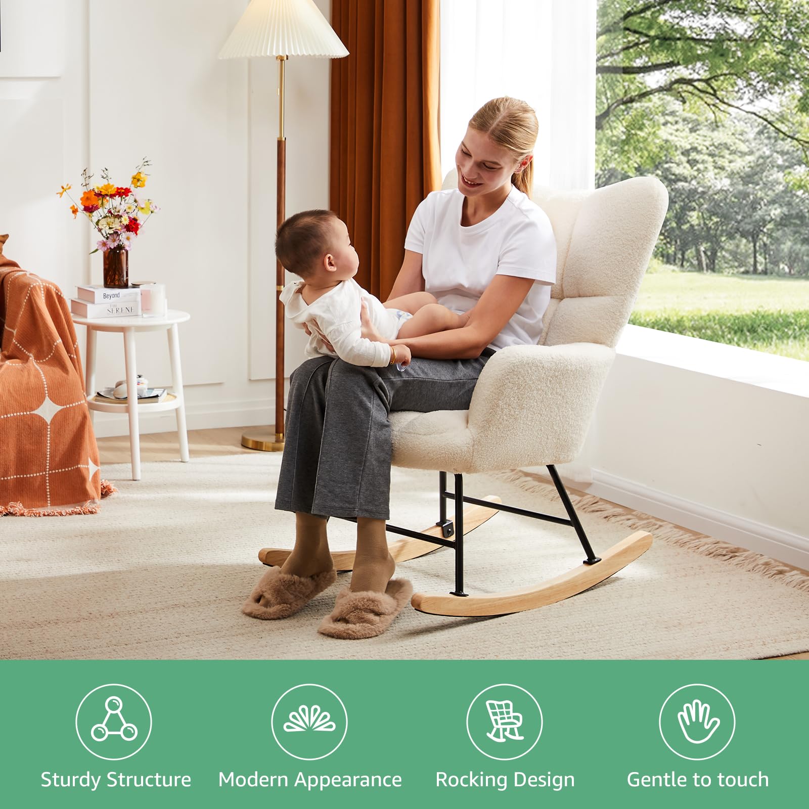 Simple Deluxe Nursery Rocking Chair - Teddy Upholstered Glider Recliner with High Backrest, Comfortable Armchair for Nursing, Reading & Relaxing - Perfect for Nursery, Living Room & Bedroom - White