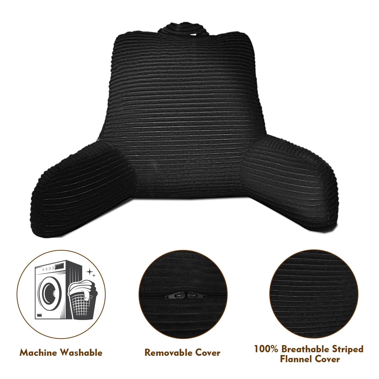 **Memory Foam Reading Pillow for Adults - Large Black Bed Pillow with Arms & Pockets - Plush Microfiber Cover for Comfort - Perfect for Reading, Watching TV, or Relaxing in Bed**