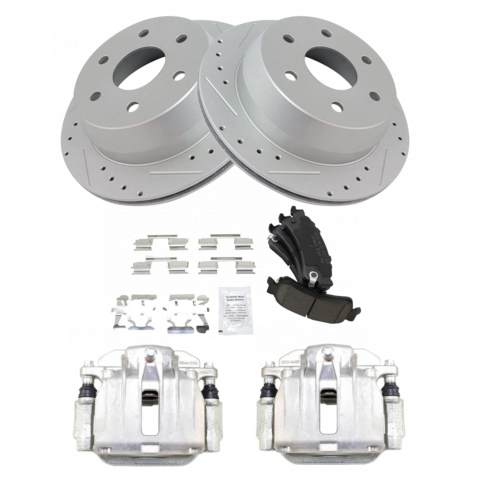 TRQ Rear Ceramic Brake Pads with Performance Drilled & Slotted Zinc Coated Rotors and Calipers - Perfect for High-Performance Vehicles, Racing, and Daily Driving