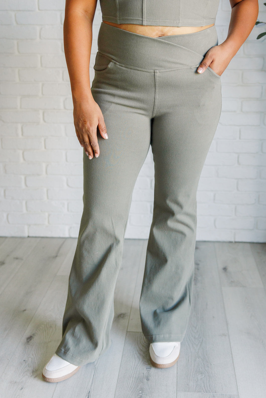 Stylish Dusty Olive Twill Flared Crossover Waist Pants for Women - Perfect for Office Wear, Casual Outings & Travel