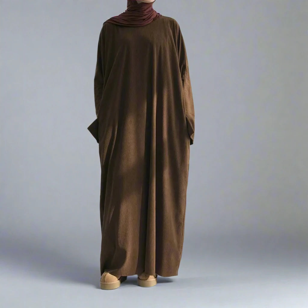 Stylish Winter Corduroy Abaya Dress for Muslim Women - Modest Islamic Fashion for Cold Weather & Special Occasions