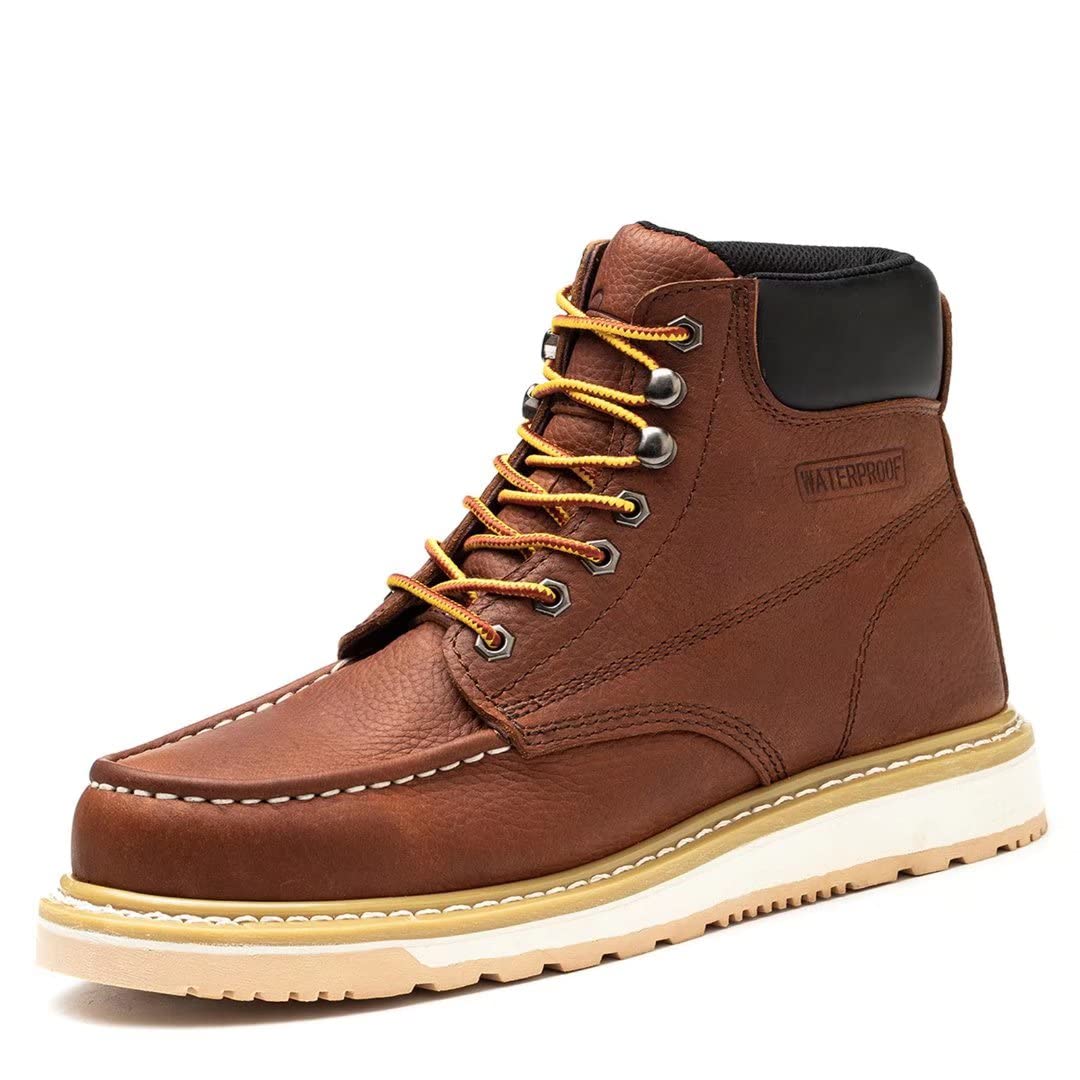 TOSAFZXY Men's 6 Inch Soft Toe Work Boots - Waterproof Anti-Puncture Leather Safety Boots with Wedge Sole for Construction, Warehouse & Outdoor Work