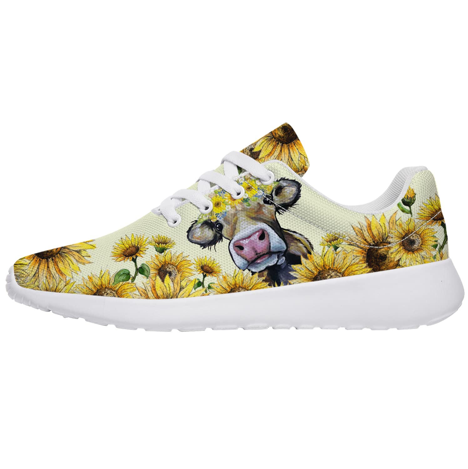 Women's Cow Print Sneakers - Yellow Sunflower Floral Running Shoes for Walking & Tennis | Comfortable Casual Athletic Shoes for Women & Girls | US Size 12 Women/10.5 Men | Perfect Gift for Friends, Outdoor Activities & Daily Wear