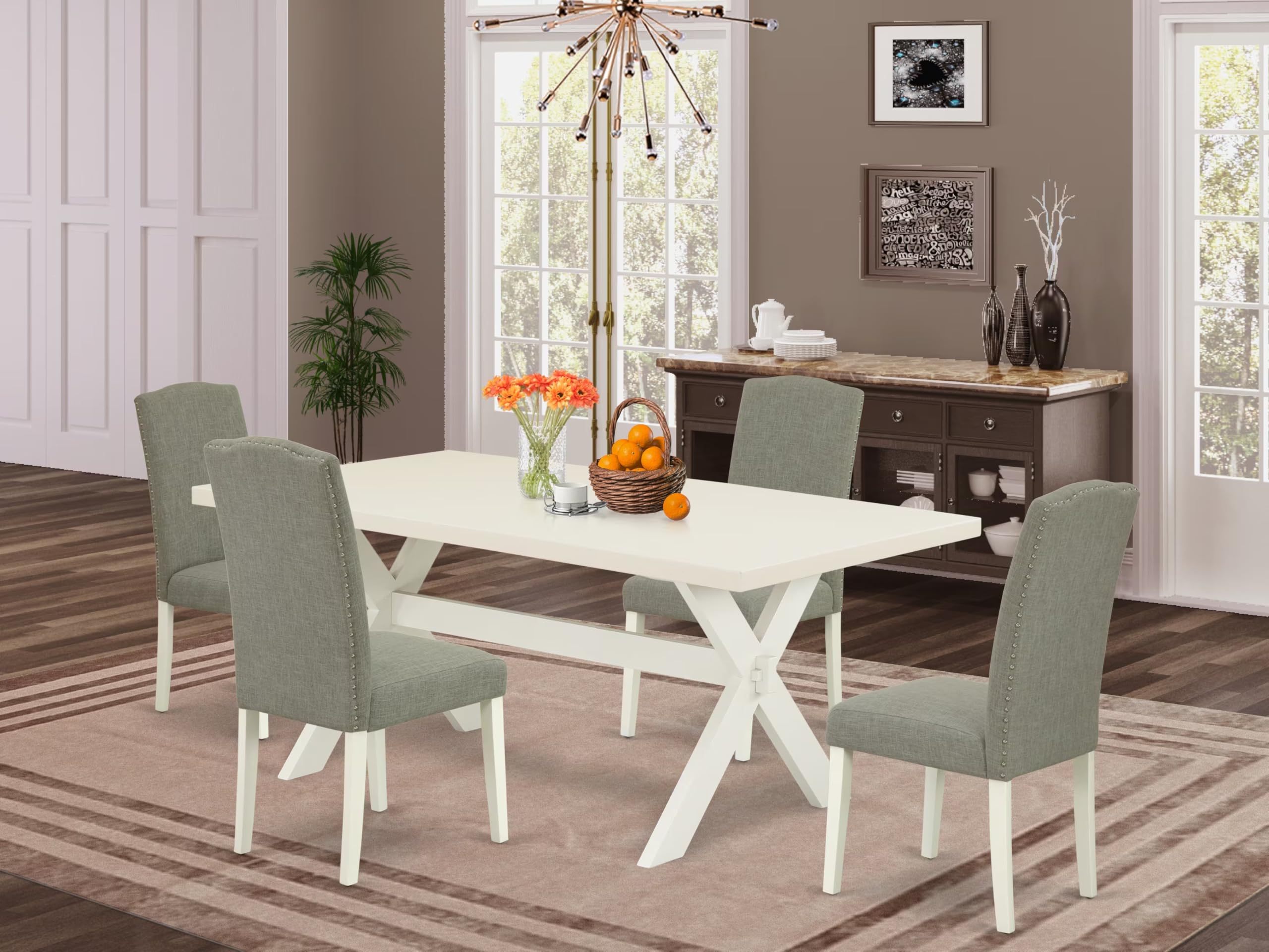 East West Furniture 5-Piece Dining Table Set for 4 - 40x72 Inch Rectangle Kitchen Table with X-Legs & 4 Dark Shitake Linen Parsons Chairs, Multi-Color - Perfect for Small Spaces, Breakfast Nooks & Modern Kitchens