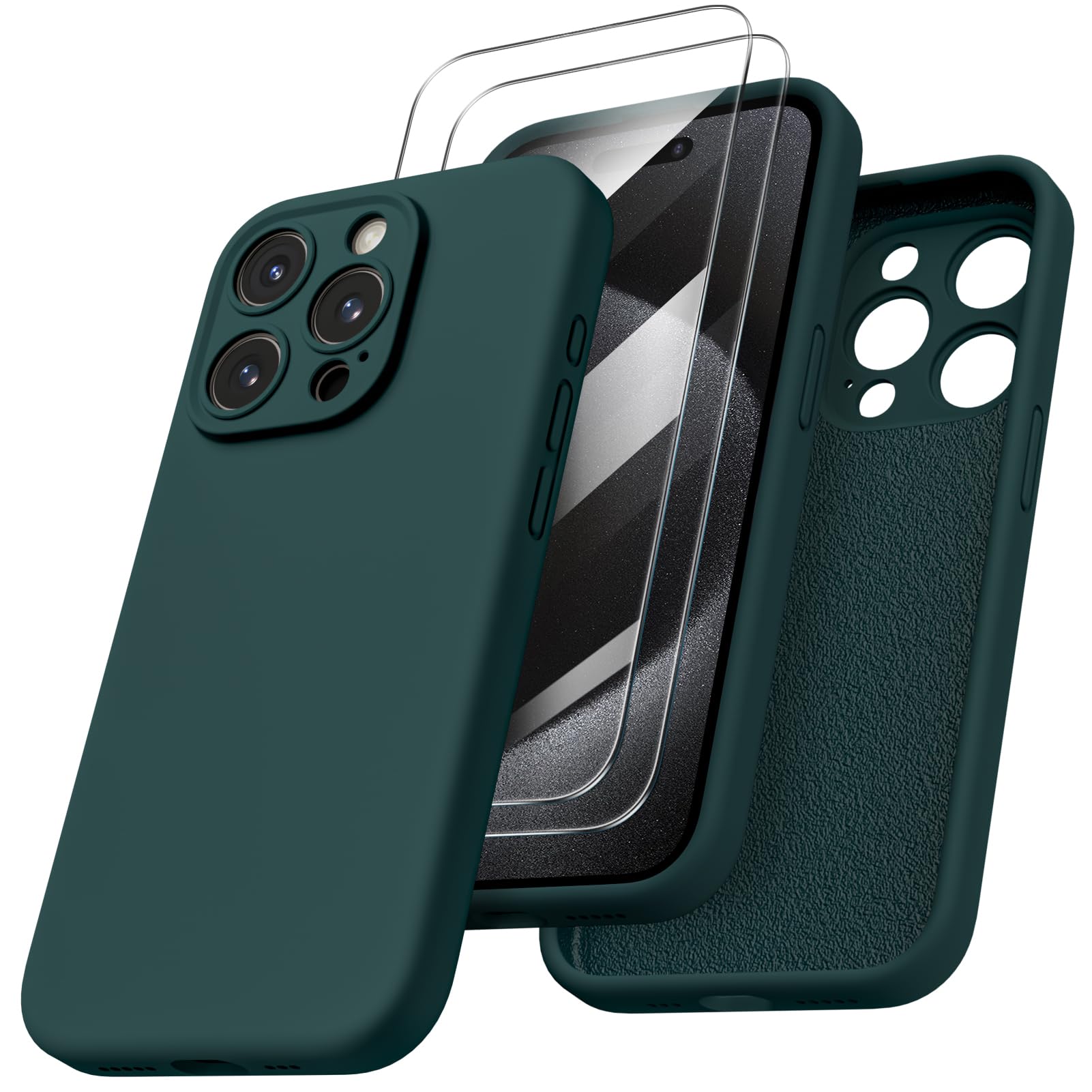 ORNARTO Liquid Silicone Gel Rubber Case for iPhone 15 (6.1 Inch) with 2X Tempered Glass Screen Protector | Shockproof Protective Cover with Upgraded Camera Protection - Olive Green | Perfect for Outdoor Activities, Travel & Daily Use