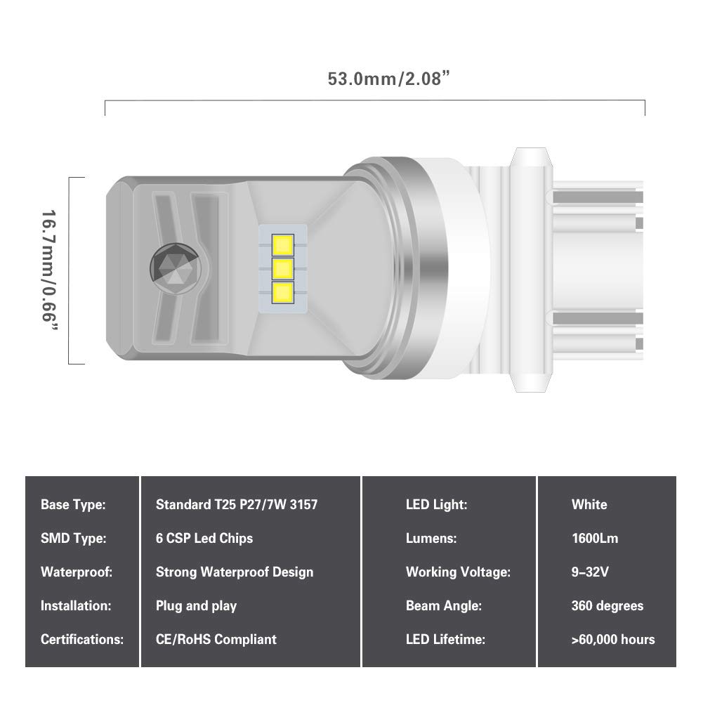3157 3156 3057 3155 LED Bulbs 1700LM 6500K CSP LED Chipsets - Super Bright Xenon White Backup Reverse Lights, Tail Lights, Brake Lights, Parking Lights for Cars, Trucks, SUVs, Vans (12V-24V, Pack of 2)