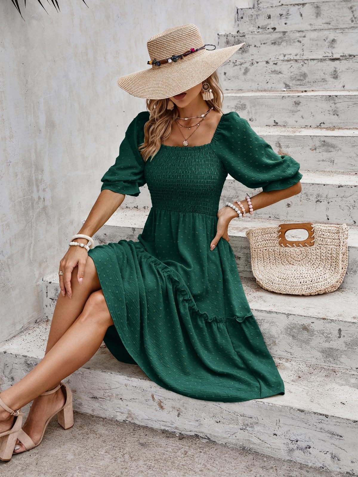 PRETTYGARDEN Women's Summer Casual Dress 2025 - Puff Sleeve Square Neck A-line Flowy Boho Floral Smocked Midi Dress for Beach Vacation, Garden Party & Date Night
