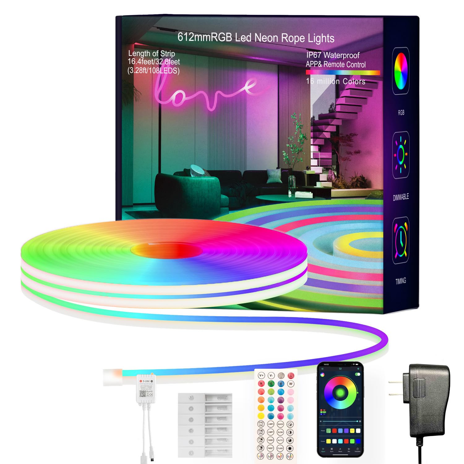 RGB LED Strip Lights 16.4FT - Smart App & Remote Controlled Color Changing Neon Rope Lights with Music Sync, IP67 Waterproof for Indoor Outdoor Use - Perfect for Bedroom, Living Room, Gaming Setup, Party Decorations & Holiday Lighting