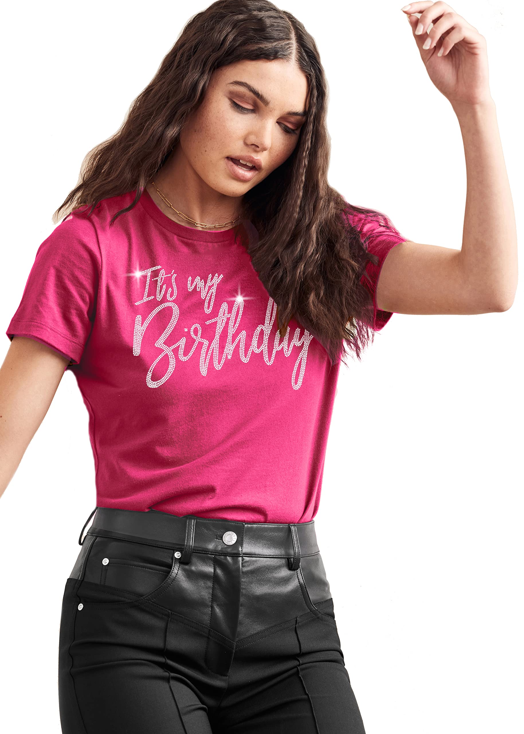 Sparkling Pink Birthday Shirts for Women - Genuine Crystal Rhinestone Magenta Blouse - Elegant Hot Pink Birthday T-Shirt | Perfect for Birthday Parties, Girls' Night Out & Special Celebrations