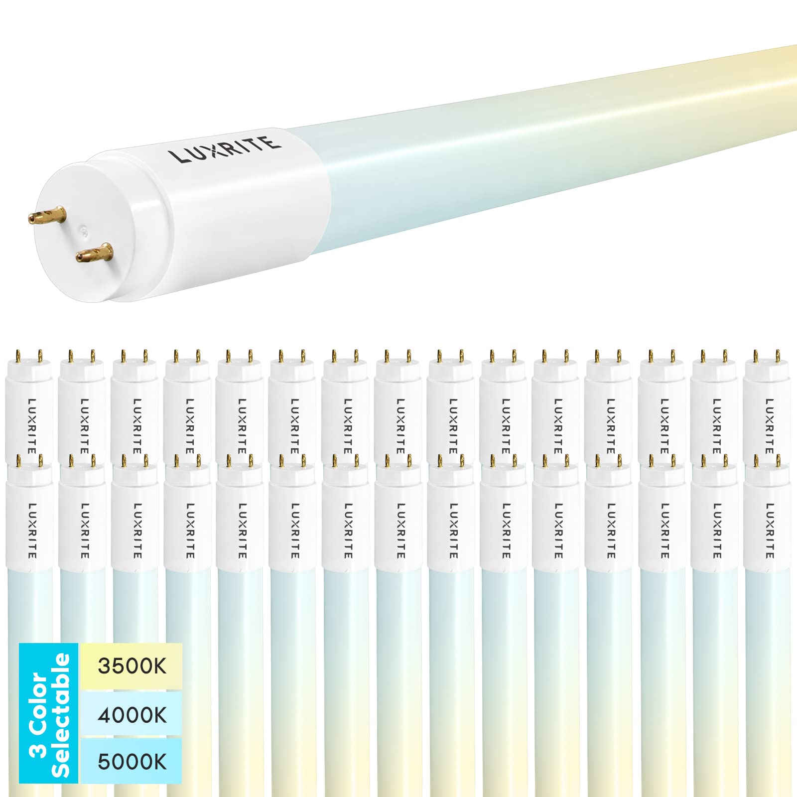Luxrite 30-Pack 4FT T8 LED Tube Lights - 18W (32W Equivalent) - 3 Color Temperatures (3500K/4000K/5000K) - Type A+B - Single/Double End Powered - Plug & Play or Ballast Bypass - 2340 Lumens - Frosted Cover - UL & DLC Certified - Perfect for Offices, Warehouses, and Retail Spaces