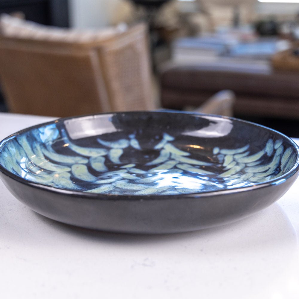 Large Stoneware Decorative Serving Bowl - Green and Black Evergreen Design for Dining Table Centerpiece, Fruit Display, and Home Decor