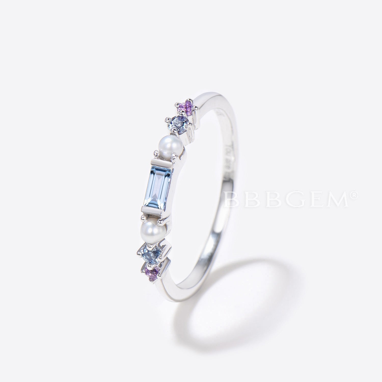 Vibrant Multi-Color Gemstone Family Ring - Aquamarine, Pearl & Amethyst Birthstone Rainbow Band for Women | Perfect for Mother's Day, Anniversary Gifts & Special Occasions