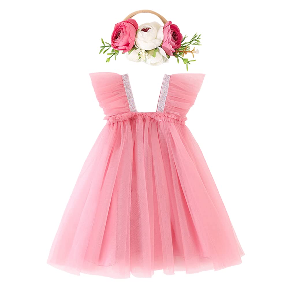 OBEEII Baby Girls Toddler Layered Tutu Dress - Sleeveless Princess Tulle Party Dress with Flower Headband for Birthday, Photo Shoot, Pageant & Special Occasions