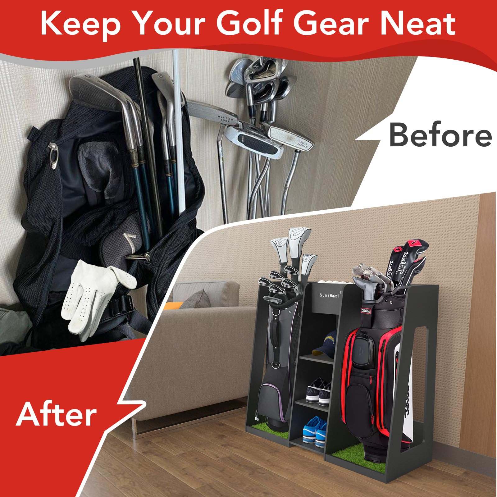 Premium Golf Bag Organizer Stand - Holds 2 XL Golf Bags & Multiple Accessories | Durable Storage Rack for Clubs, Shoes & Gear | Perfect for Garage, Basement, Shed - Ideal Gift for Golfers of All Levels | Indoor & Outdoor Use on Course or at Home