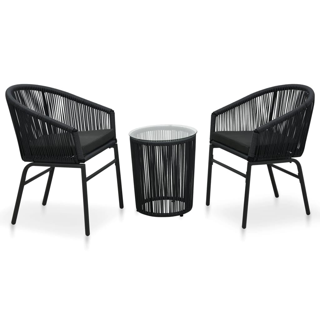 vidaXL 3-Piece PE Rattan Patio Bistro Lounge Set with Cushions - Black Outdoor Furniture with Tempered Glass Tabletop, Side Table & Comfortable Chairs - Perfect for Garden, Balcony, Poolside & Backyard Relaxation