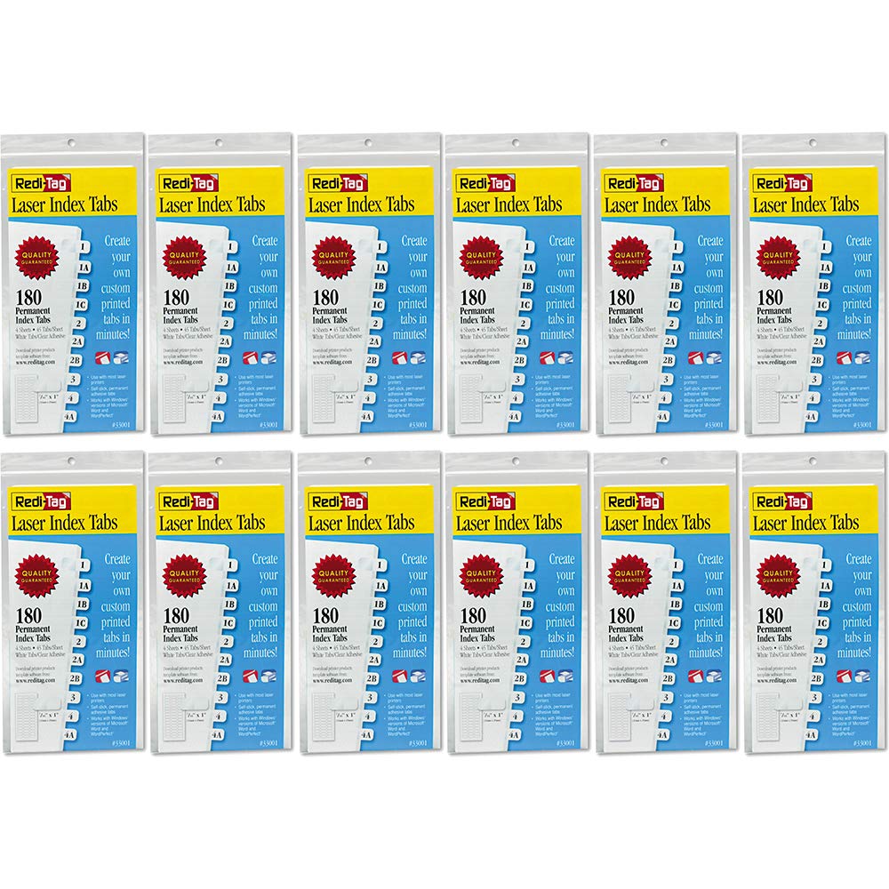 Redi-Tag Laser Index Tabs - 12 Pack (12PK/BX) - Color-Coded Filing System for Office Documents, Folders, and Binders | Perfect for Organizing Business Files, School Projects, and Home Paperwork