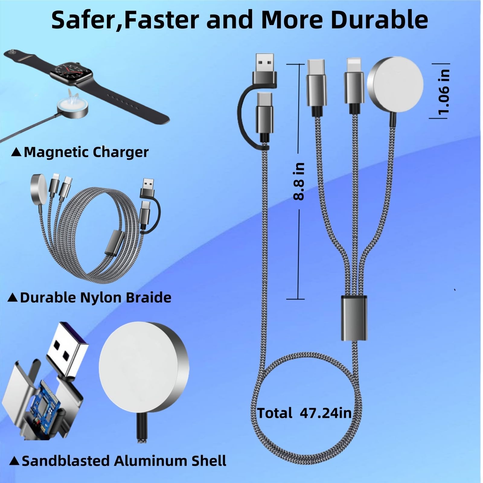 3-in-1 Magnetic Wireless Charger for Apple Watch/iPhone/AirPods - Fast Charging Station Compatible with iWatch Ultra/SE/Series 1-10 & iPhone 16/15/14/13/12/11/Samsung Galaxy S23 - Perfect for Home, Office & Travel Charging Needs
