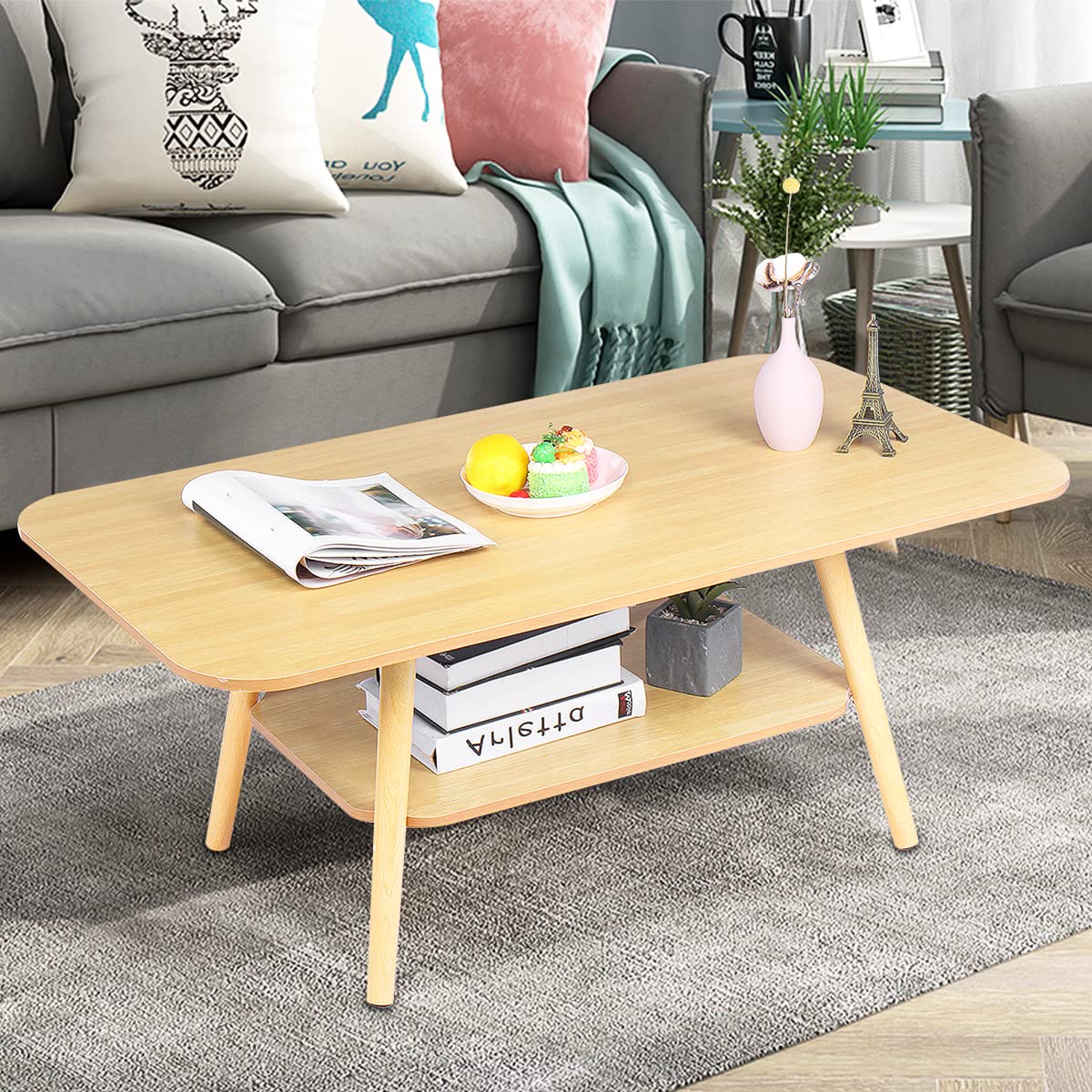 Hommpa Round Coffee Table with Storage - Solid Wood Modern Living Room & Home Office Furniture in Light Oak | Perfect for Tea Time, Entertaining & Small Space Organization