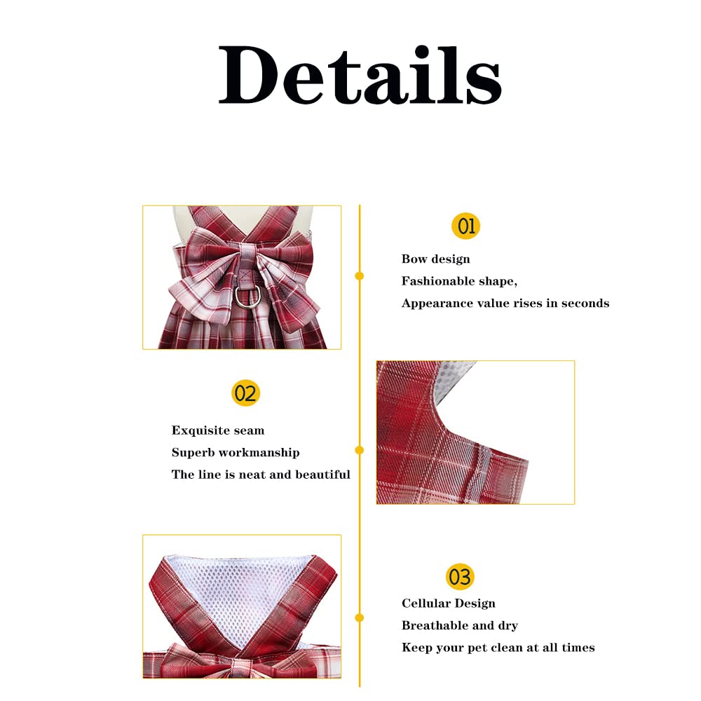 Tikwek Plaid Dog Dress & Bow Tie Harness Leash Set for Small Dogs - Cute Puppy Skirt Outfit with Leash Ring (Purple, Size L) | Perfect for Pet Parties, Photo Shoots & Daily Walks