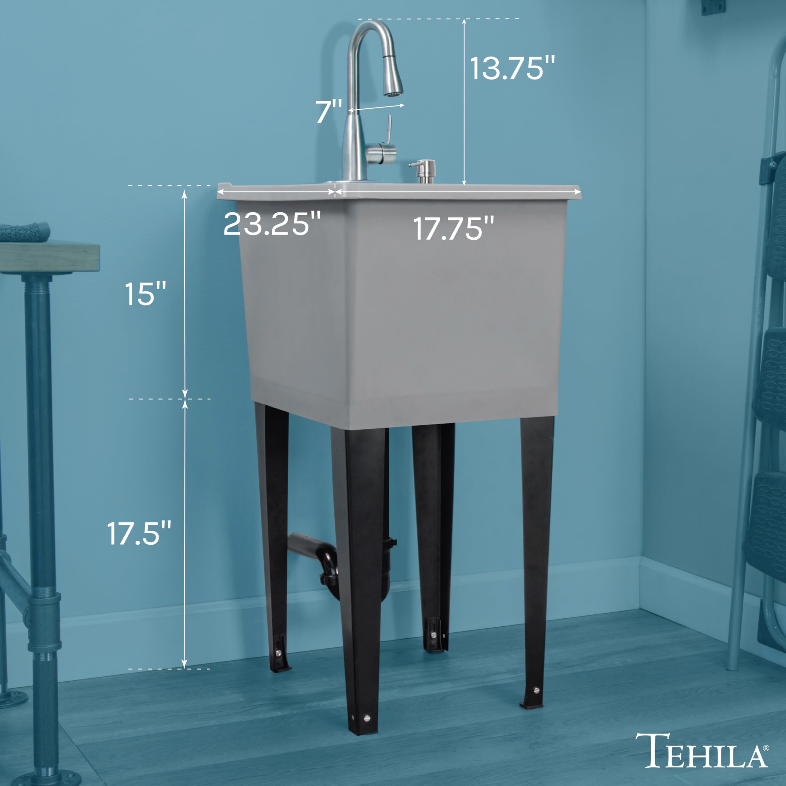 JS Jackson Supplies Grey Space Saver Utility Sink - Freestanding Laundry Tub with Stainless Pull-Down Faucet & Soap Dispenser | Perfect for Small Laundry Rooms, Basements & Garages