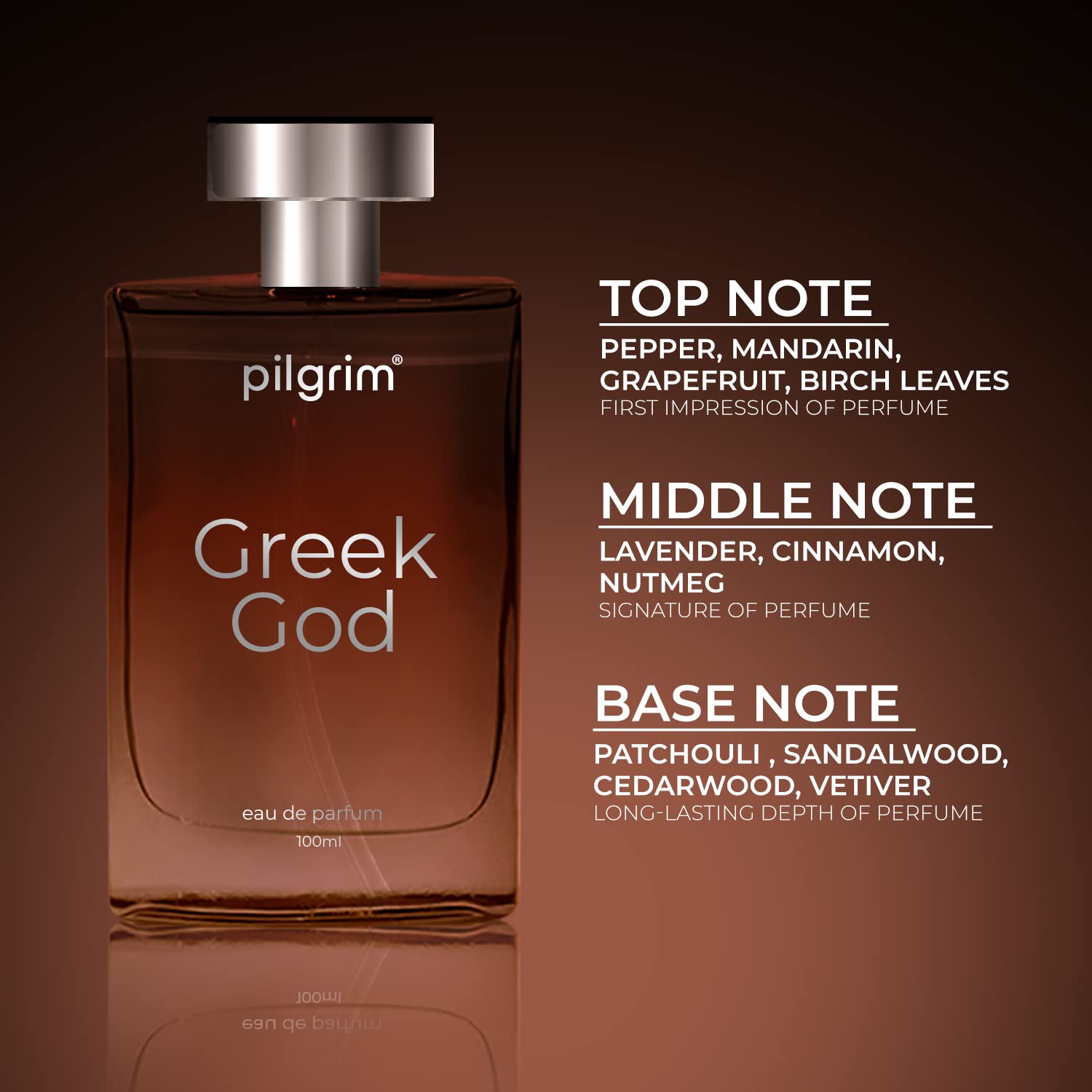 Premium Pilgrim Greek God Cologne for Men - Smoky Cedarwood & Sandalwood Eau de Parfum | Long-Lasting Fragrance | French-Designed Luxury Scent | 100ml Spray Bottle | Perfect for Date Nights, Office Wear & Special Occasions